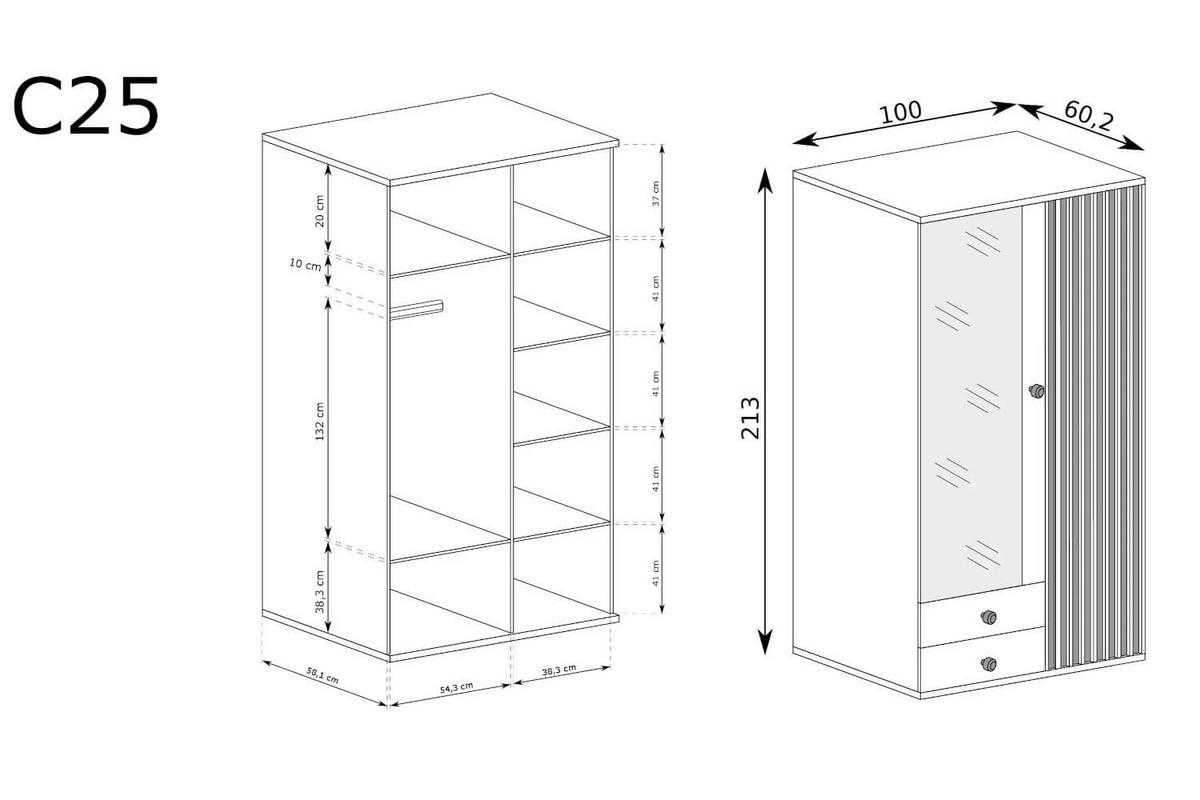 KLEIDERSCHRANK CALI C-25 - Eiche Artisan, Holzwerkstoff (100/213/60cm) - Meblini