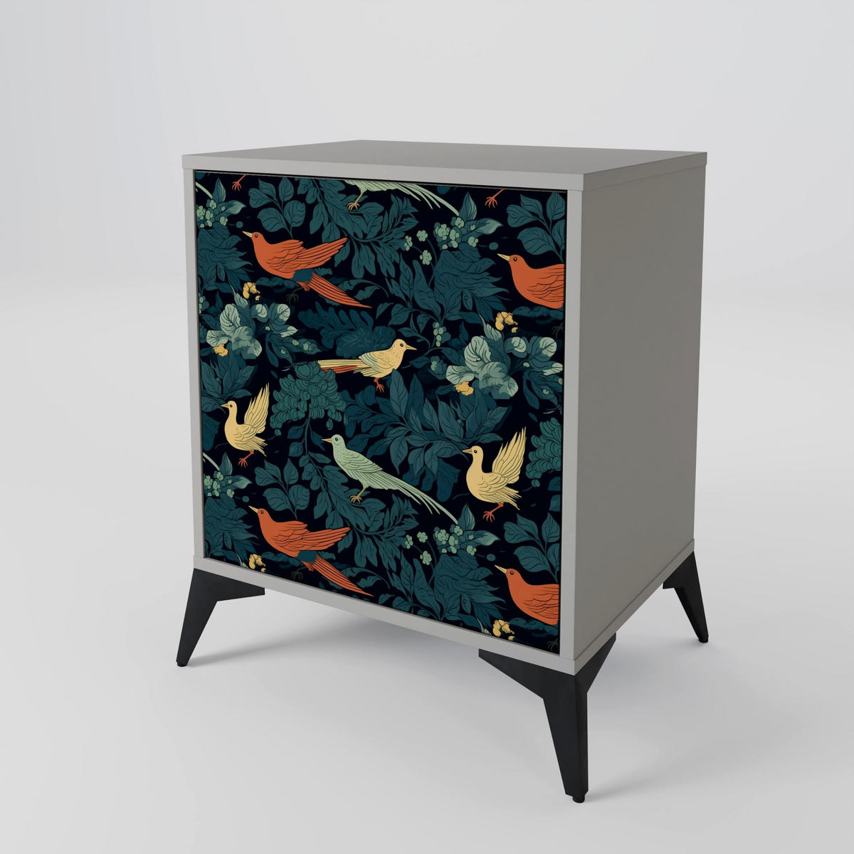 SIDEBOARD FOWL ORNAMENT, Grau, 57,5x42x67,5 cm, Schwarze Metall-Rahmenfüße - Multicolor/Schwarz, Holzwerkstoff/Metall (57.5/67.5/42cm) - SpaceRebels