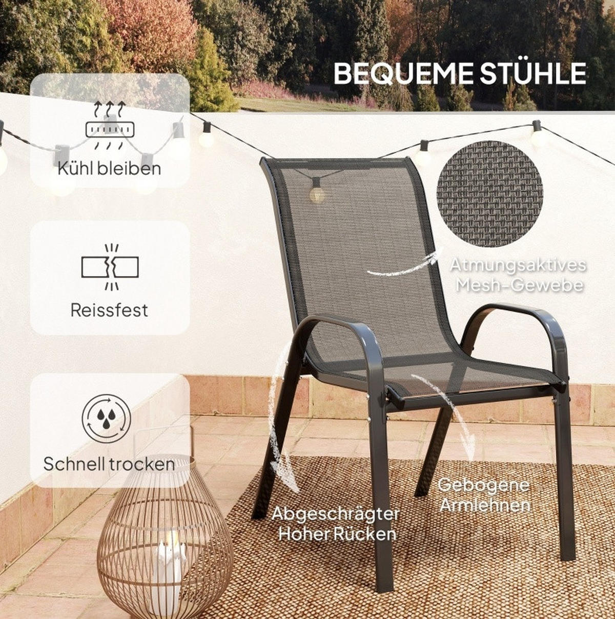 GARTENSETS aus Glas & Metall Ø60x71cm Schwarz mit stapelbaren Stühlen - Schwarz, Metall - Modfu