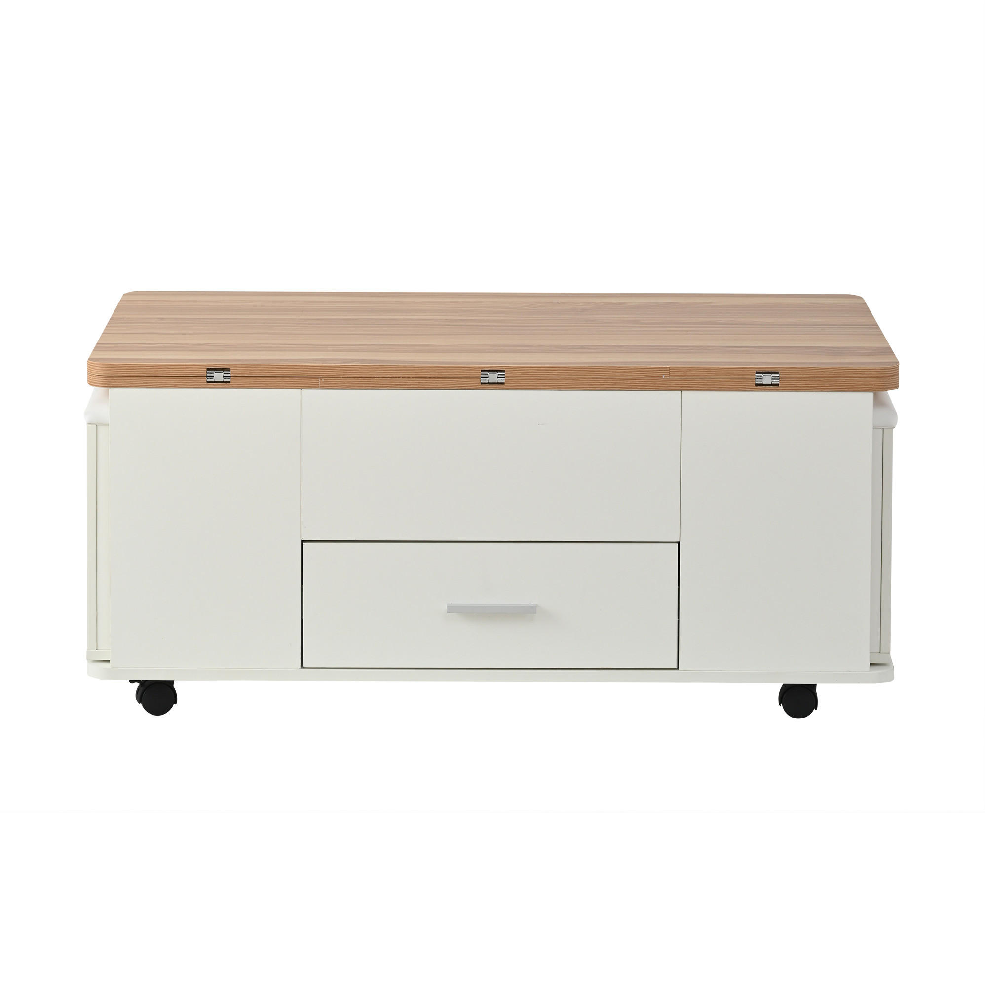OKWISH KONFERENČNÝ stolík 100/50/45 cm biely s dekorom dreva z drevotriesky výškovo nastaviteľný s úložným priestorom a 4 taburetkami