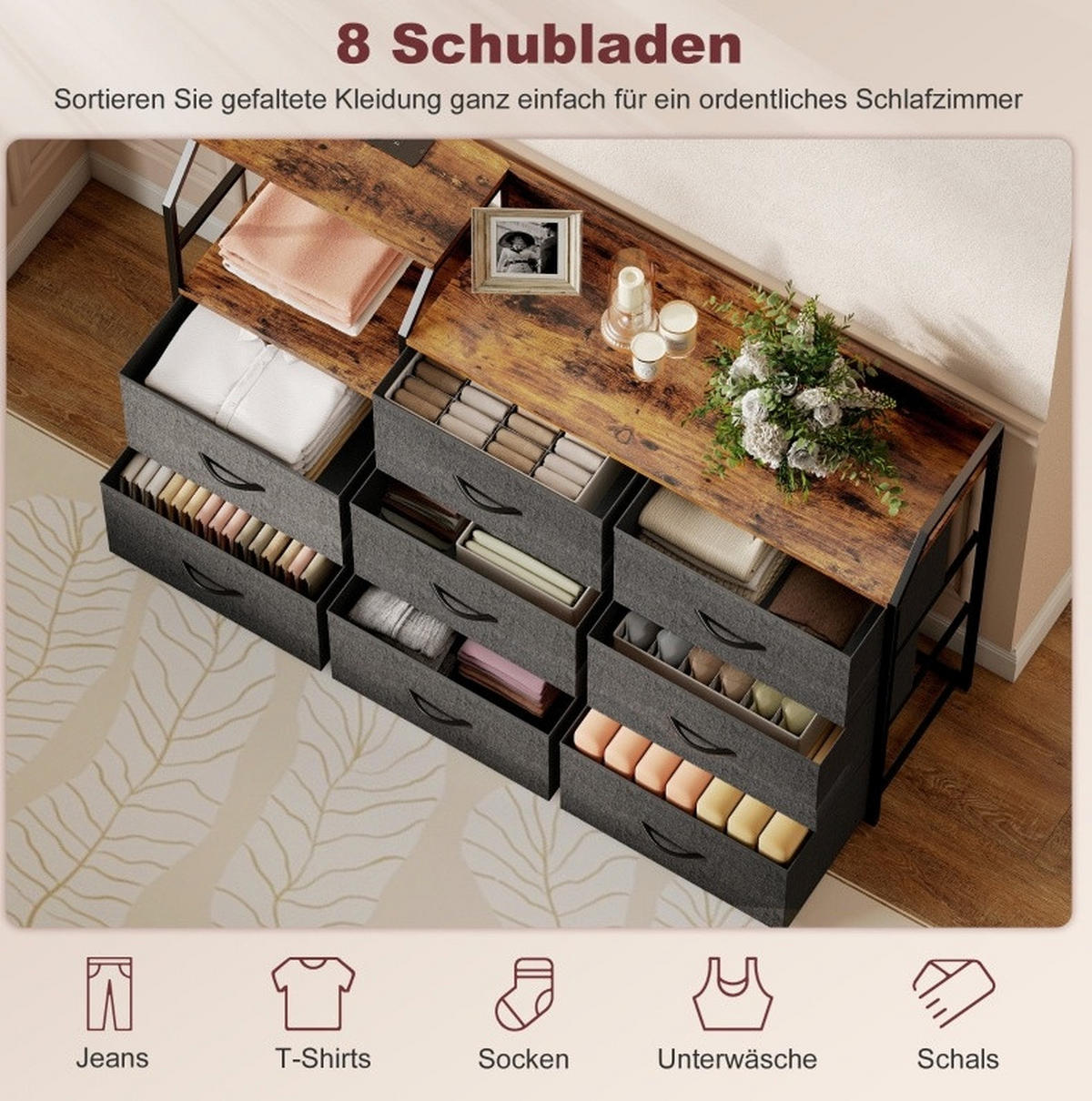 KOMMODE rustikal aus Stoff mit Ladestation und 8 Schubladen Braun/Schwarz - Schwarz, Textil (130.5/88/30cm) - Modenvie