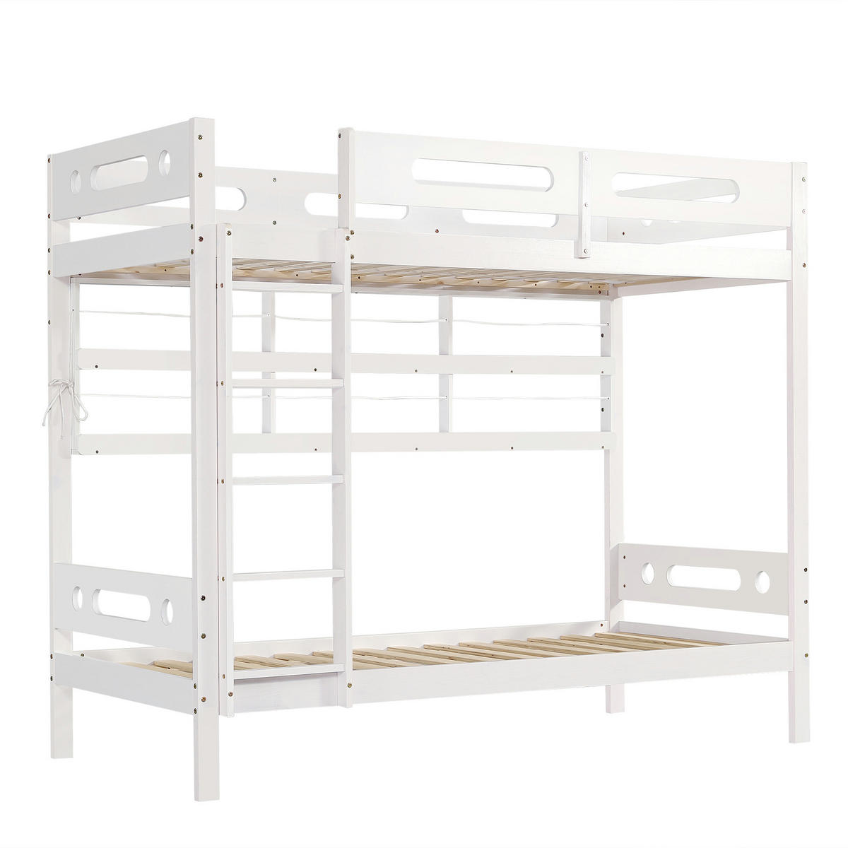 ETAGENBETT 90/200 cm weiß und natur aus Massivholz mit Regal und 5-stufiger Leiter - Weiß, Holz (90/200cm) - OKWISH