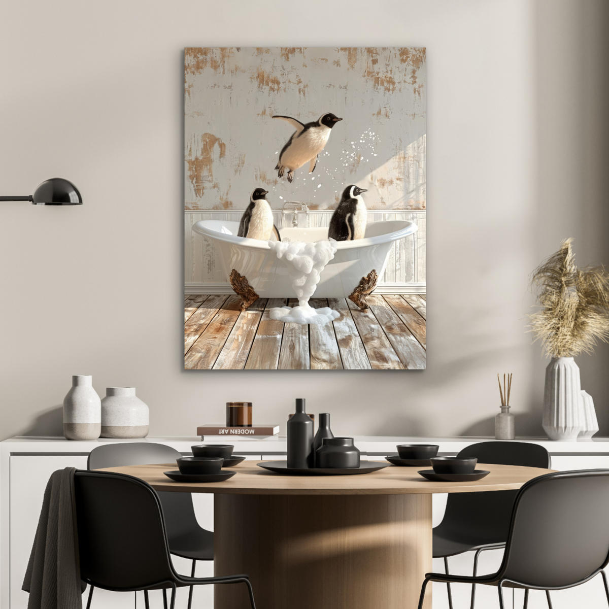 KOVOVÝ OBRAZ Vintage - Tučniak - Vaňa - Pena 60x80 cm - čierna, kov (60/80cm) - MuchoWow
