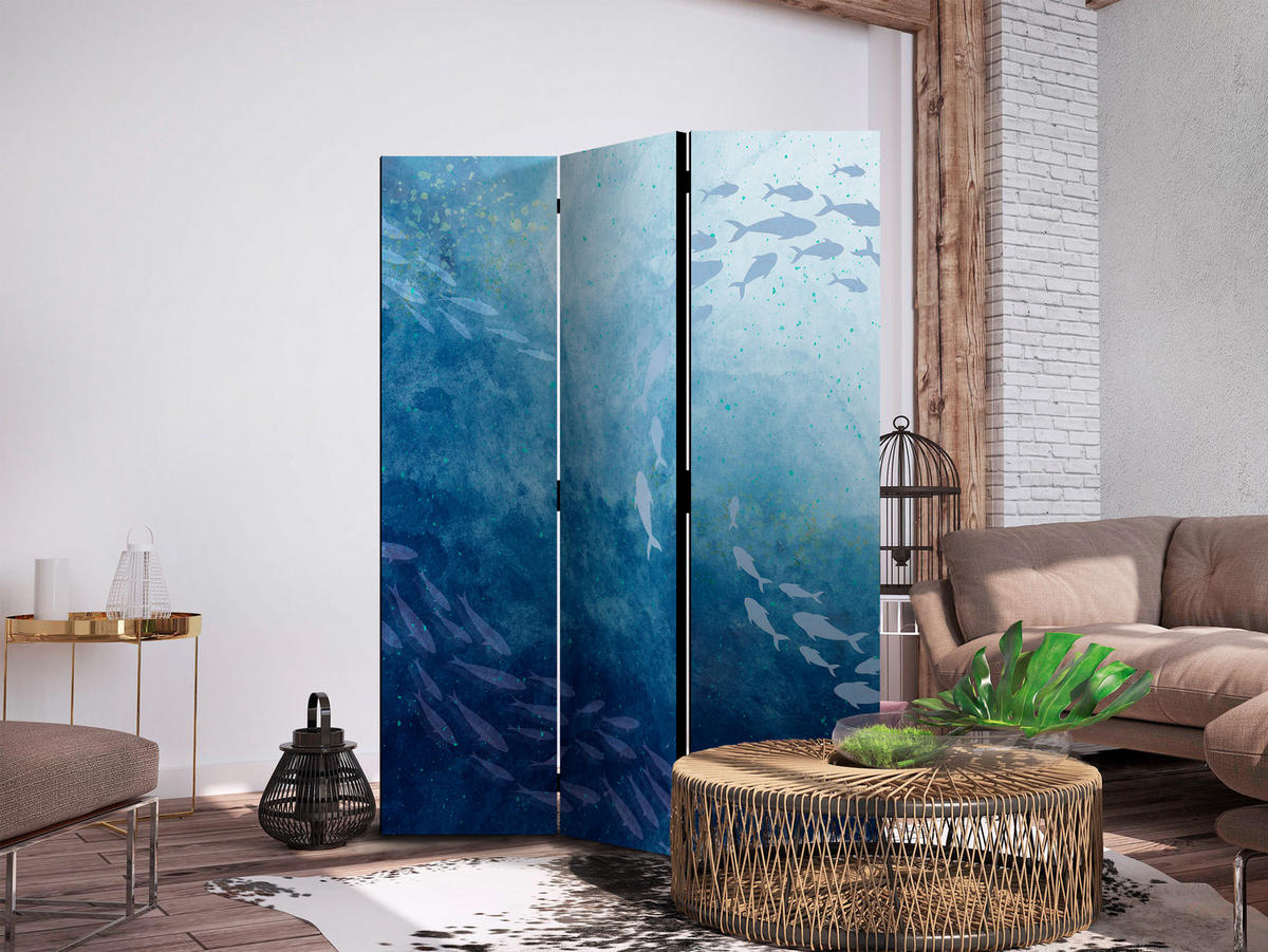 PARAVENT Einseitig Bedruckter 3-tlg 135x172 cm Fischschwarm Natur - Blau, Holz/Textil (135/172/3cm) - Muralo
