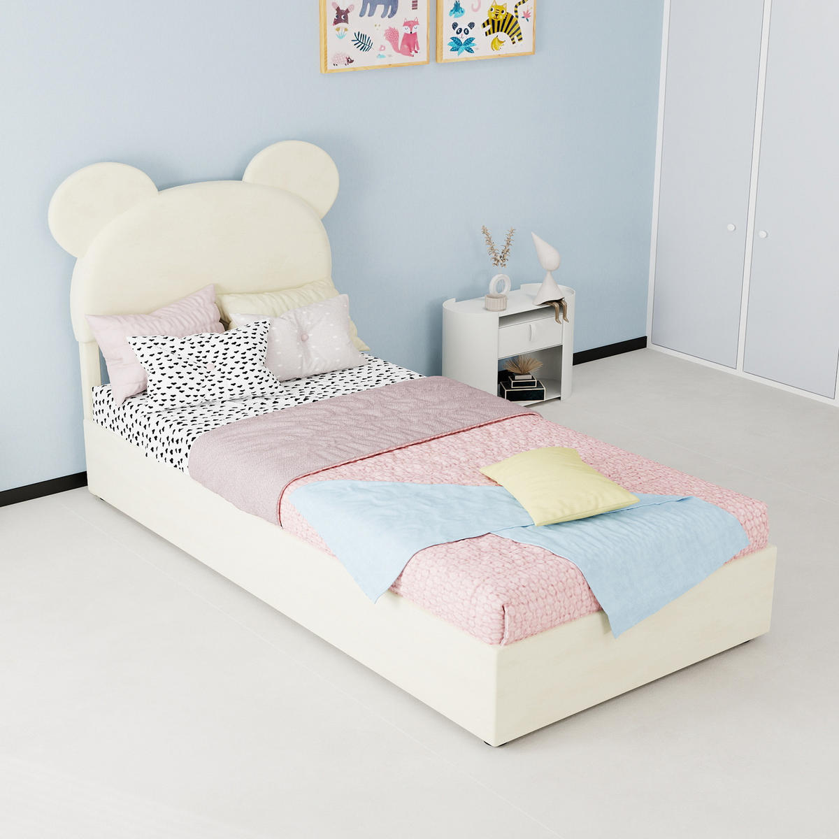 KINDERBETT 90/200 cm in Beige mit Bettkasten Stoff Cartoon-Design - Beige, Holzwerkstoff/Textil (90/200cm) - STILVORA