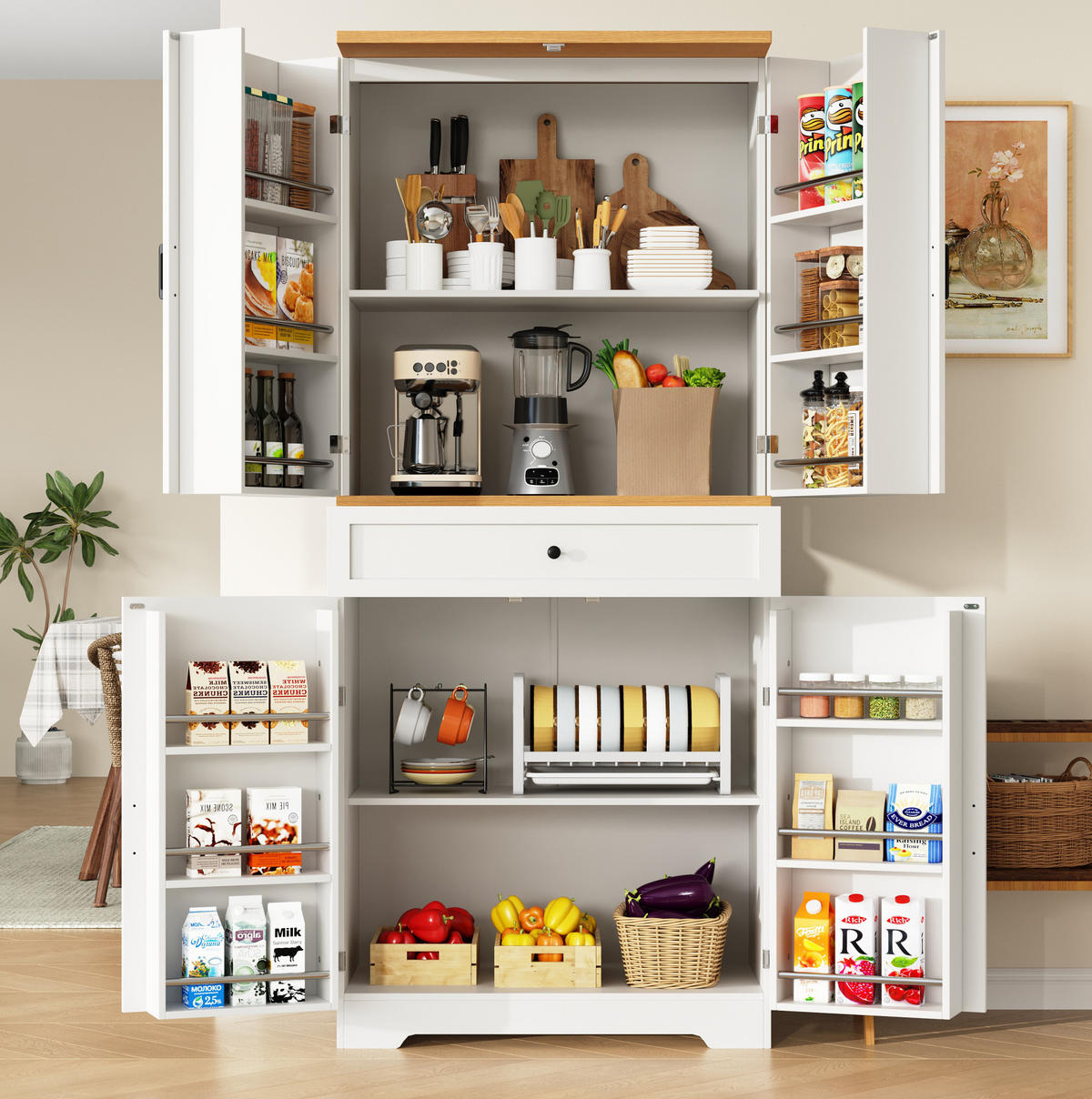 HOCHSCHRANK aus MDF in Weiß mit Holzoptik-Tischplatte, Schubladen und offenen Snack-Regalen, 80/40/180 cm, Weiß - Weiß, Holzwerkstoff (80/180/40cm) - Redom