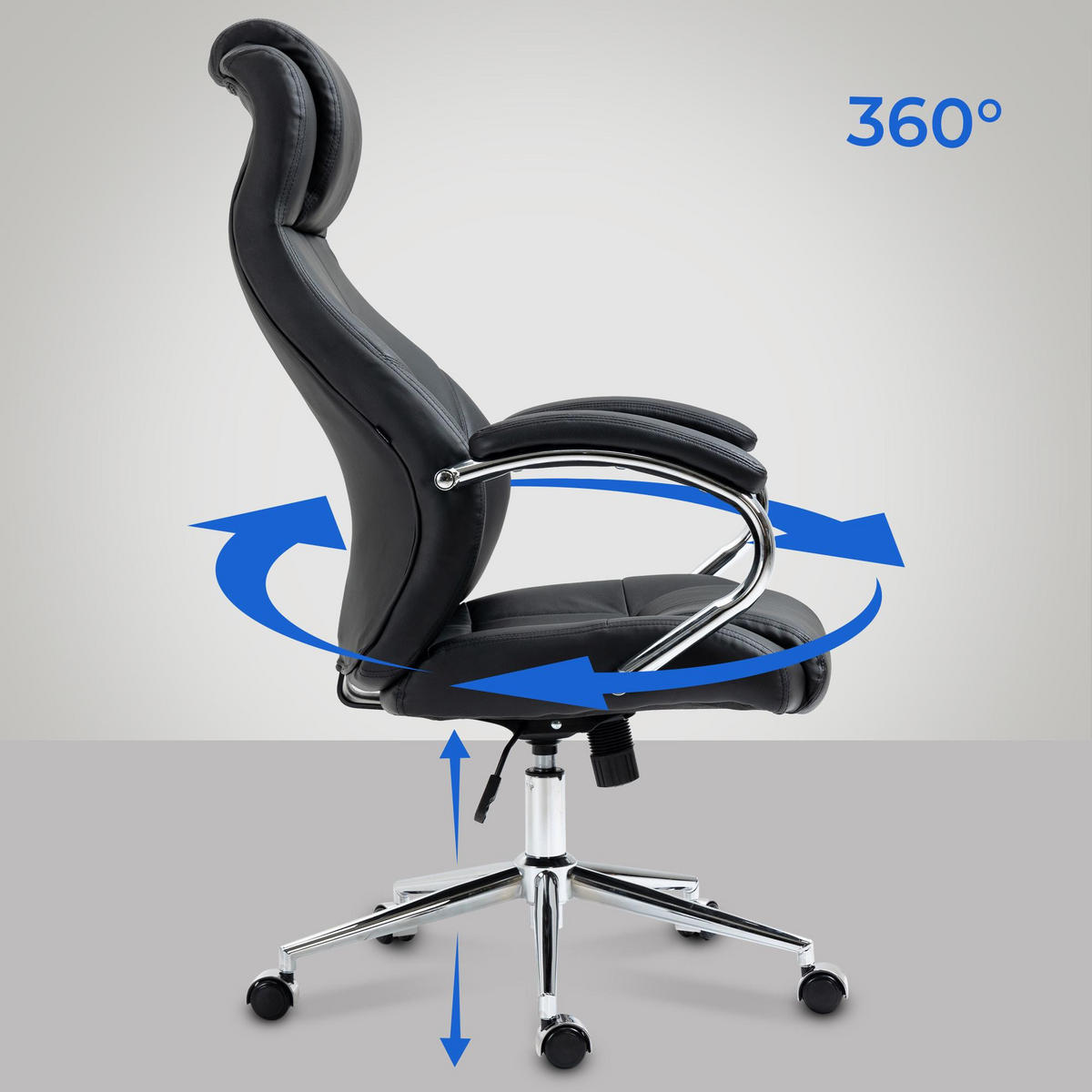 CHEFSESSEL Echtleder schwarz - Chromfarben/Schwarz, Leder/Metall (64/120/79cm) - CLP