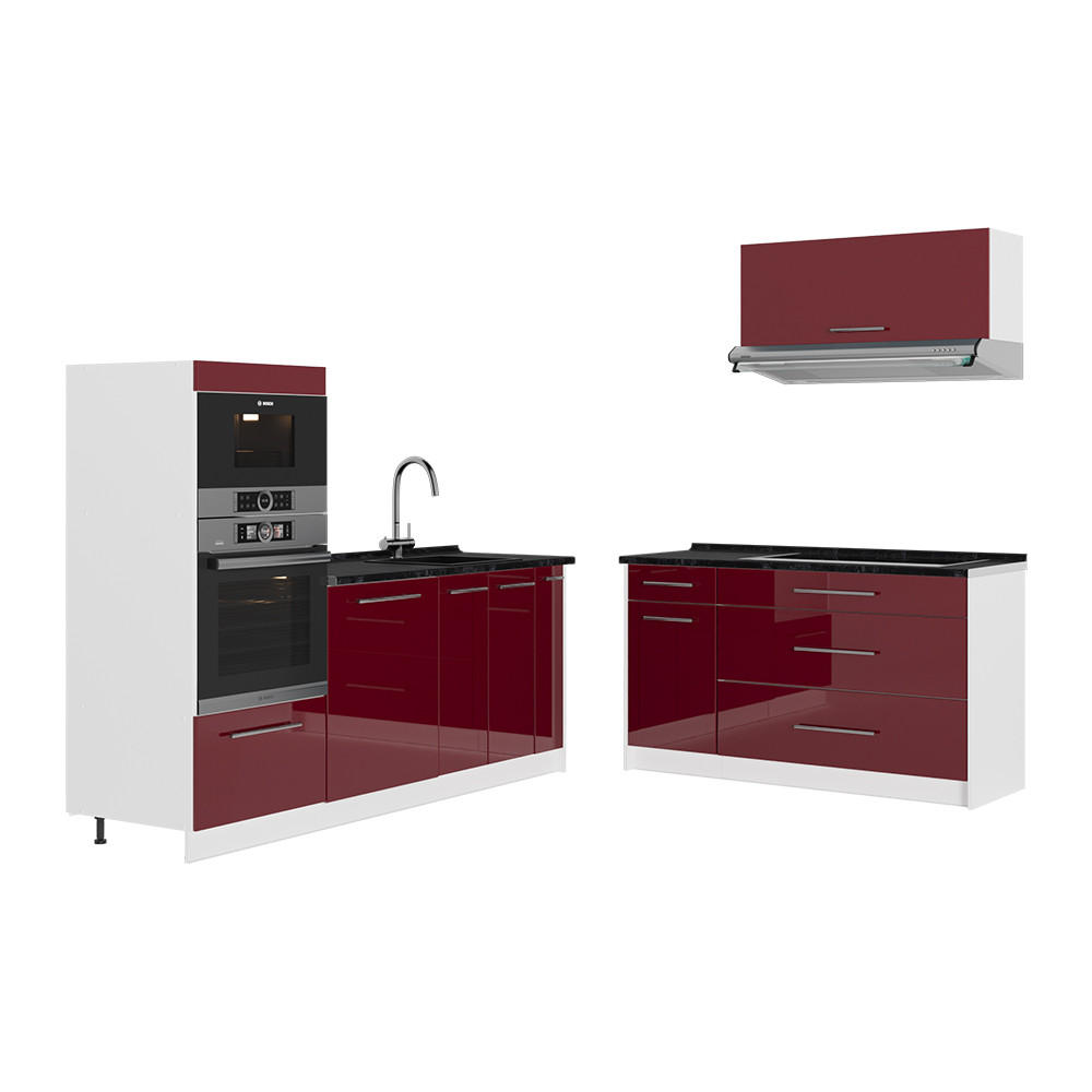 KÜCHENZEILE Fame-Line, Bordeaux Hochglanz/Weiß, 340 cm, AP Anthrazit - Bordeaux/Weiß, Holzwerkstoff (340/153.6/60cm) - Vicco