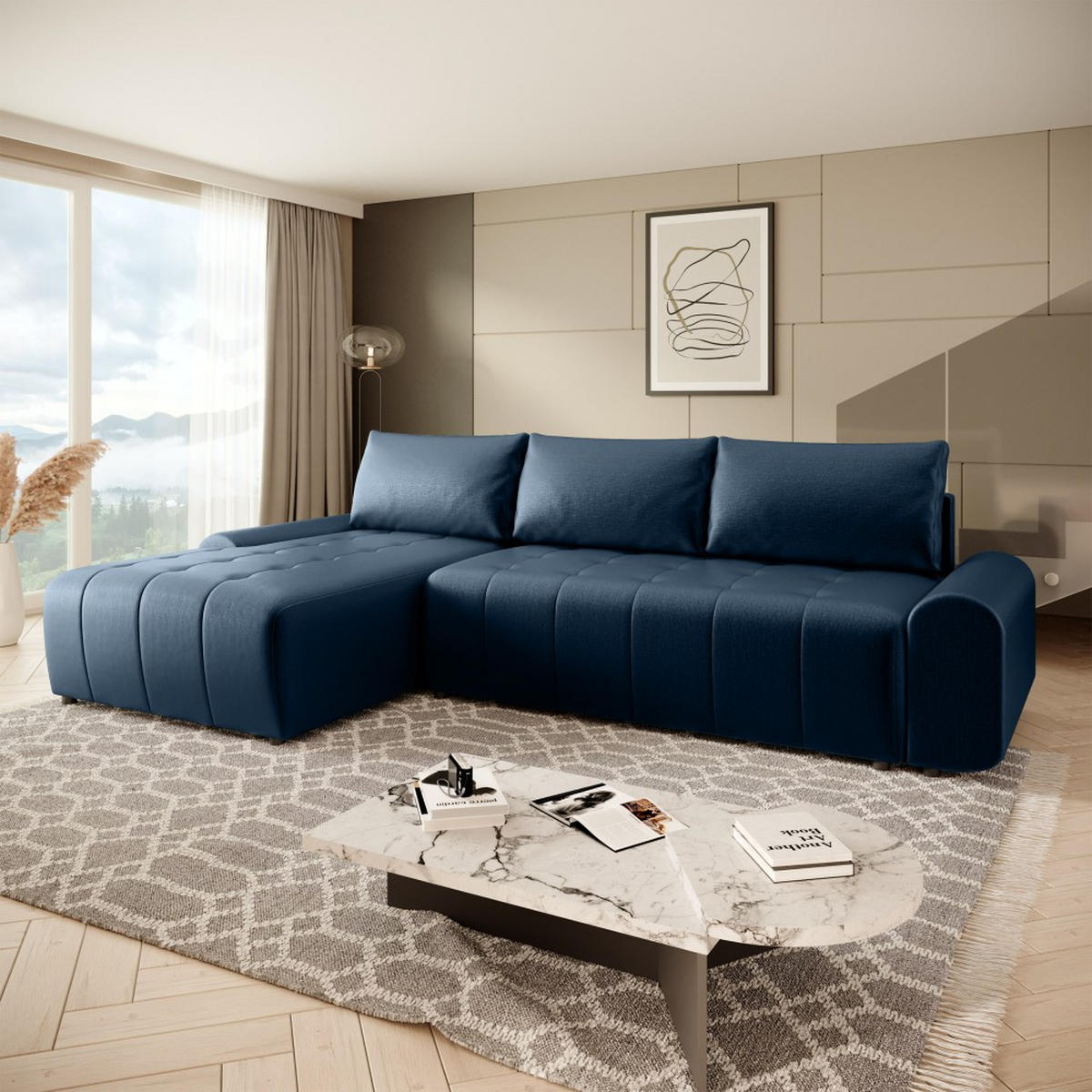 ECKSCHLAFSOFA Costa L Dunkelblau links - Schwarz/Dunkelblau, Kunststoff/Textil (290/169cm) - Beautysofa