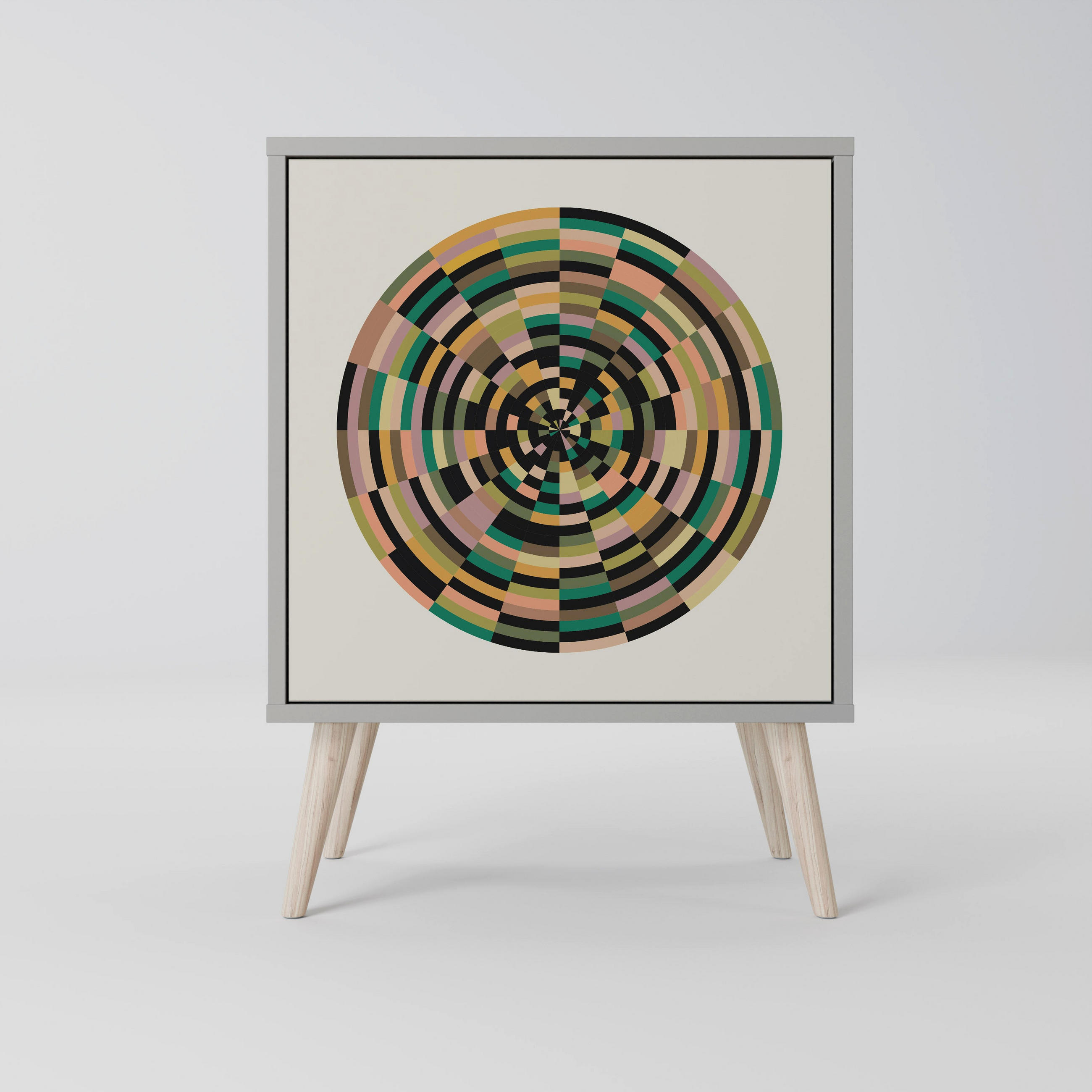 SIDEBOARD GREEN CIRCLES, Grau, 57,5x42x77,5 cm, Schräge Buchenholzfüße - Buchefarben/Multicolor, Holzwerkstoff/Buchenholz (57.5/77.5/42cm) - SpaceRebels