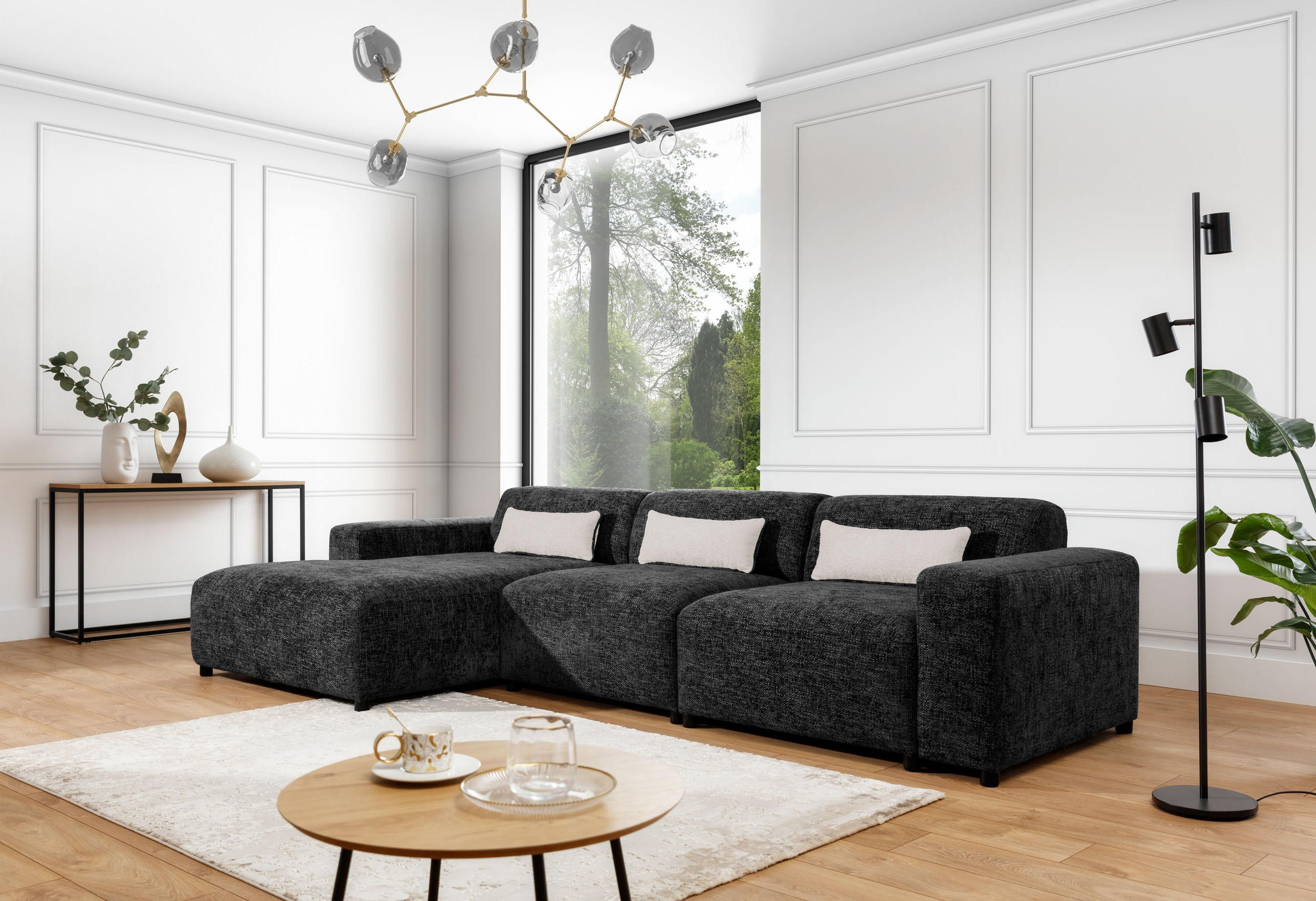 Thumbnail - AX Living Ecksofa, Schwarz, Textil, Uni, 4-Sitzer, Füllung: Polyurethan (Pur), L-Form,L-Form, Sockel, 331x165 cm, Wohnzi...