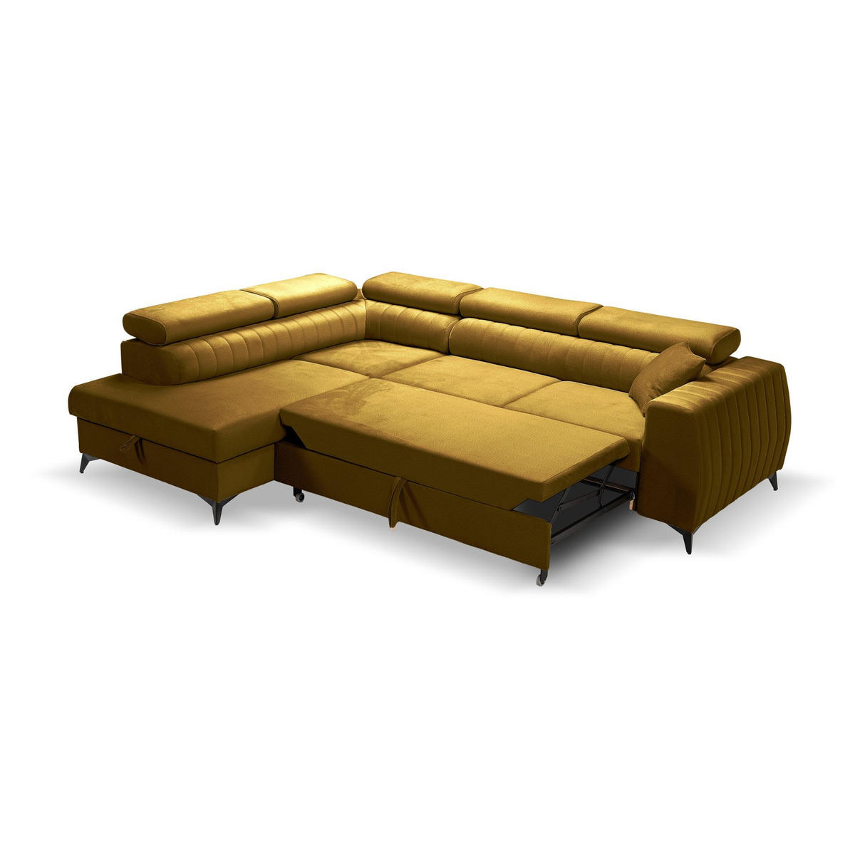ECKSOFA PIERO L Links mit Schlaffunktion 195x125 Velours Gold - Goldfarben/Schwarz, Holz/Textil (268/203cm) - Muffo