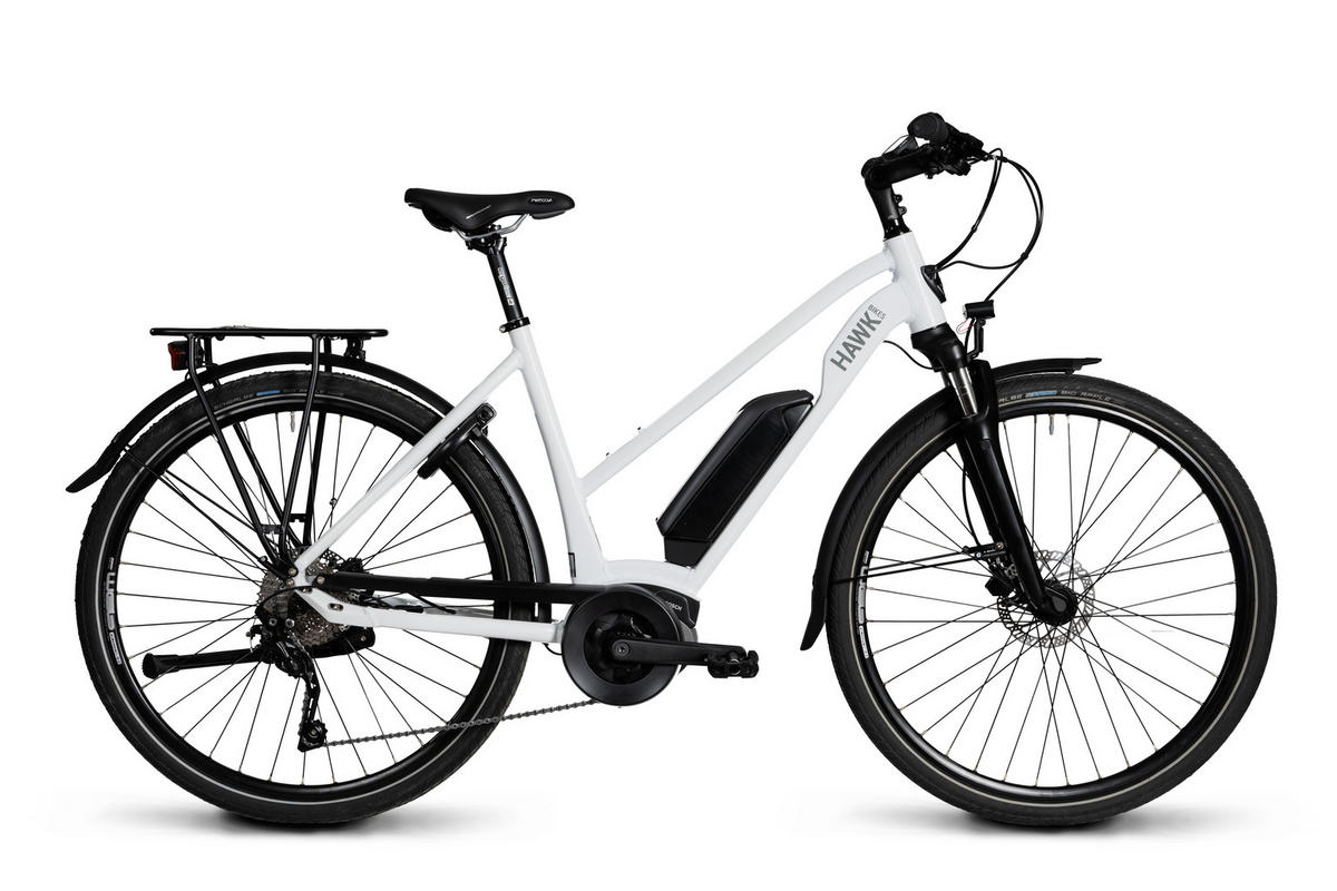 E-TREKKING 500 Lady E-Bike White 10 Gang 28 Zoll Gr: 48cm & 53cm - Weiß, Metall (48cm) - Hawk Bikes