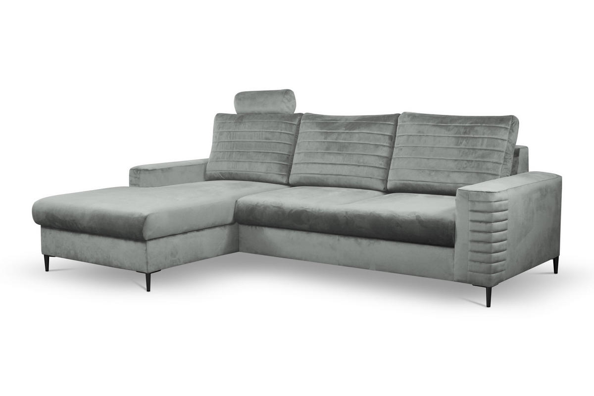 ECKSOFA GRIFO L-S Hellgrau Velours-Stoff mit Schlaffunktion - Hellgrau, Holz (253/165cm) - MASSENO