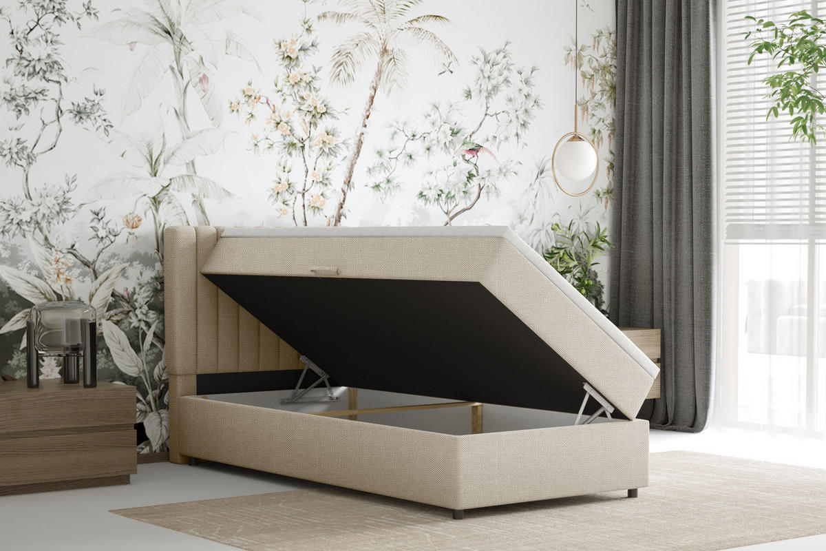 BOXBETT Everest 90 x 200 cm Einzelbett mit hochwertiger Bonell-Matratze und Topper - Beige, Holz (90/200cm) - Panda Möbel