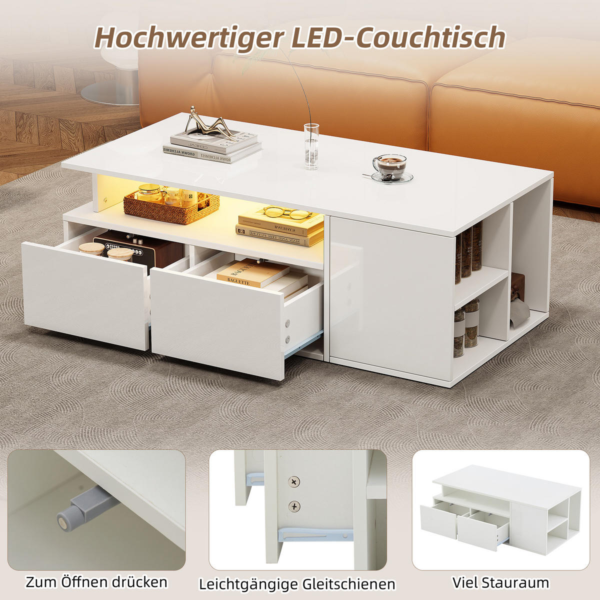COUCHTISCH 100/50/35 cm Weiß mit 2 Schubladen und LED-Beleuchtung - Weiß, Holzwerkstoff (100/50/35cm) - OKWISH