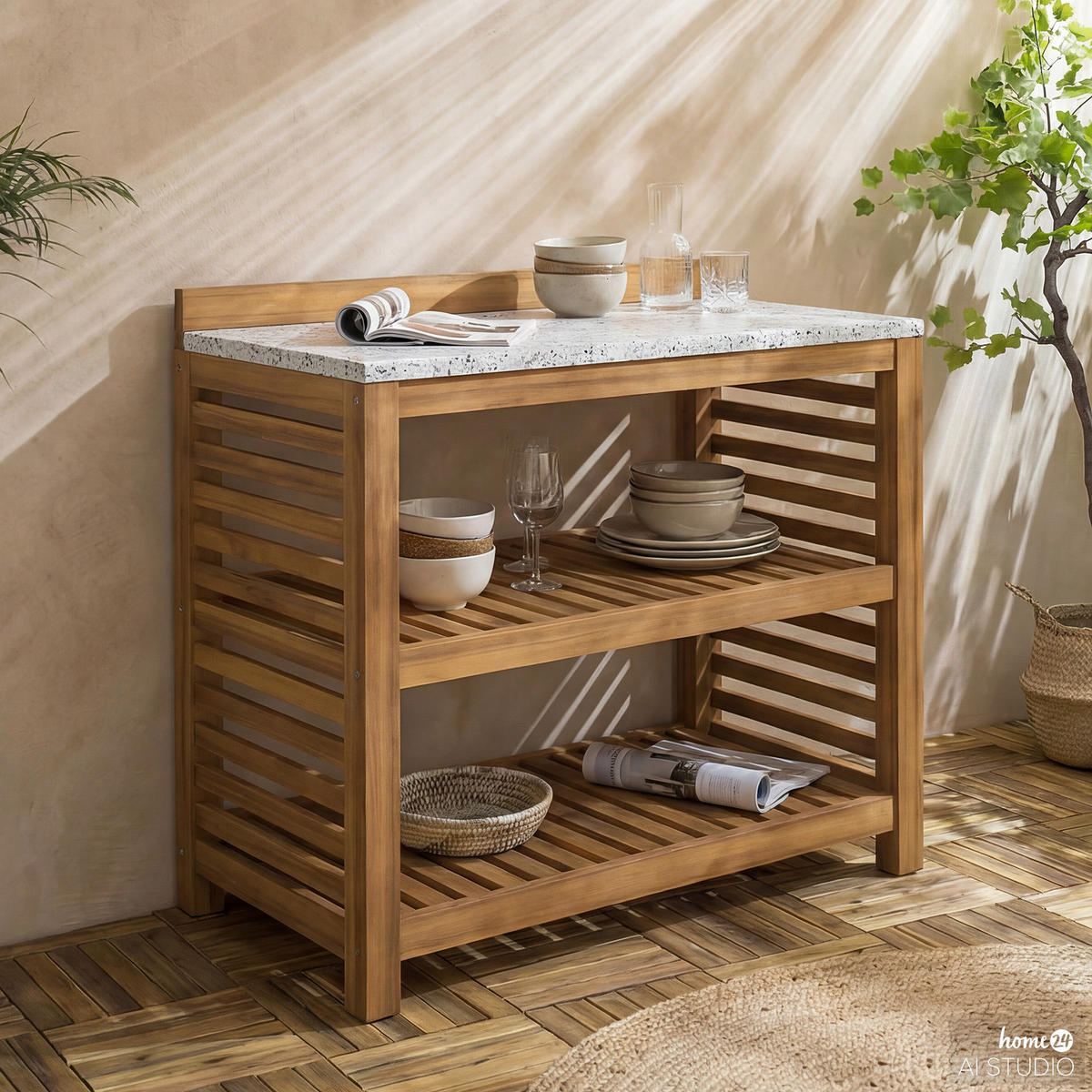 GARTENKÜCHENREGAL - Akazie massiv - Beige - Beige, Holz (90/86/52cm) - home24