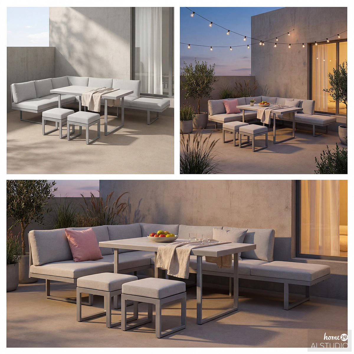 DINING-LOUNGESET - Aluminium / Polyester - Hellgrau - 5-teilig - Hellgrau, Glas/Textil - home24