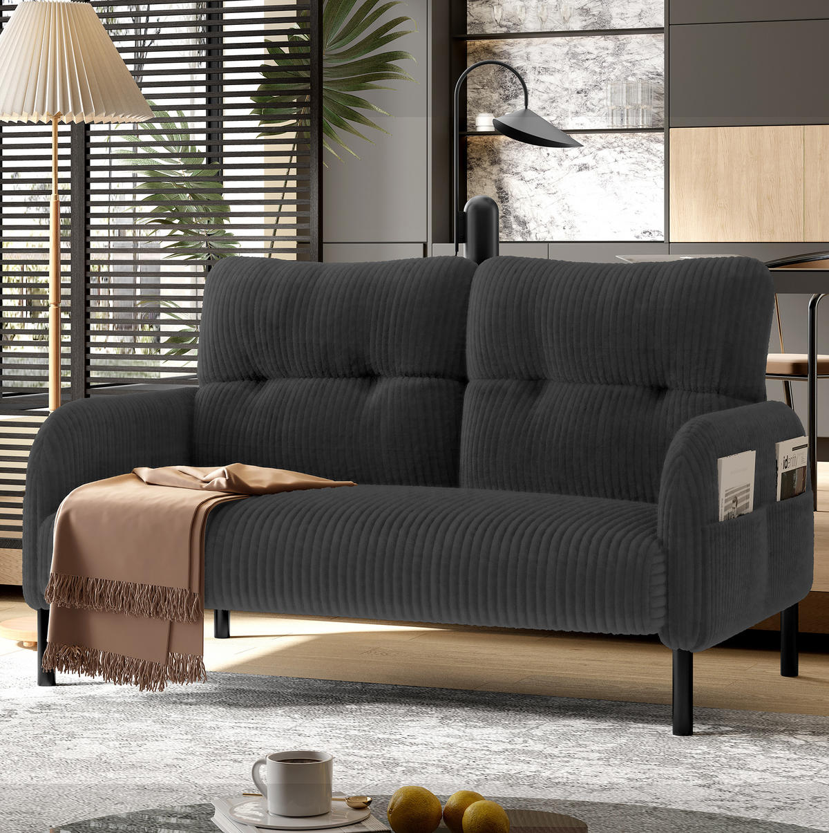 SOFA 2-Sitzer mit Seitentasche 120 x 75 x 79 cm Cord Gray - Grau, Kunststoff (120/79/75cm) - Meubliv