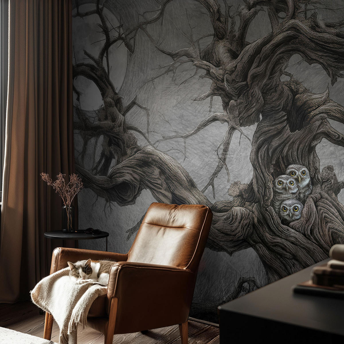 FOTOTAPETE 104x70 cm - Geheimnisvolle Eule - Grau, Textil (104/70cm) - Wallfluent