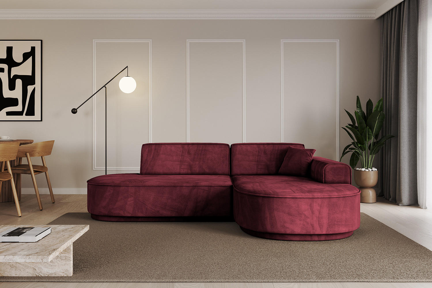 ECKSOFA Ottomane Rechts MARI-L1-v3 - 243x171x83 cm Bordeaux Velours - Bordeaux/Schwarz, Holzwerkstoff/Kunststoff (171/243cm) - ALTDECOR