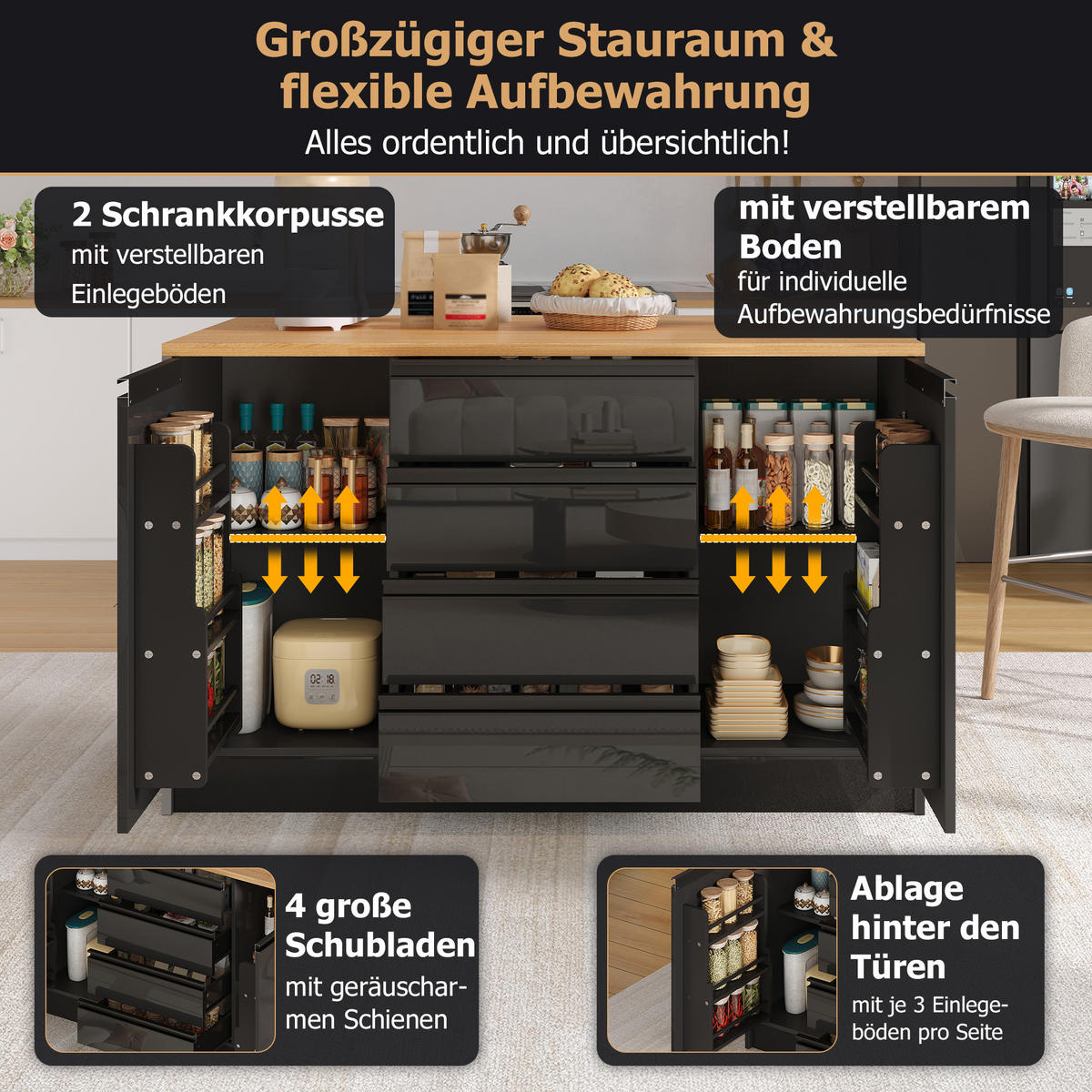 KÜCHENINSEL 140/50/90 cm Schwarz mit 4 Schubladen, ausklappbarer Arbeitsplatte und 2 Schränken - Schwarz, Holz (80/90/140cm) - Oxeza