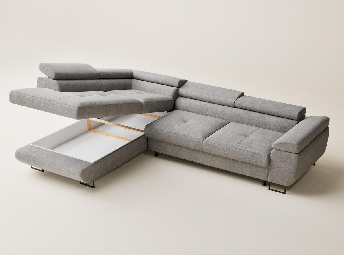 ECKSOFA Concord Beige grau Chenille-Stoff - Links Seite - Greige/Schwarz, Holz/Holzwerkstoff (203/277cm) - Maison de Reve