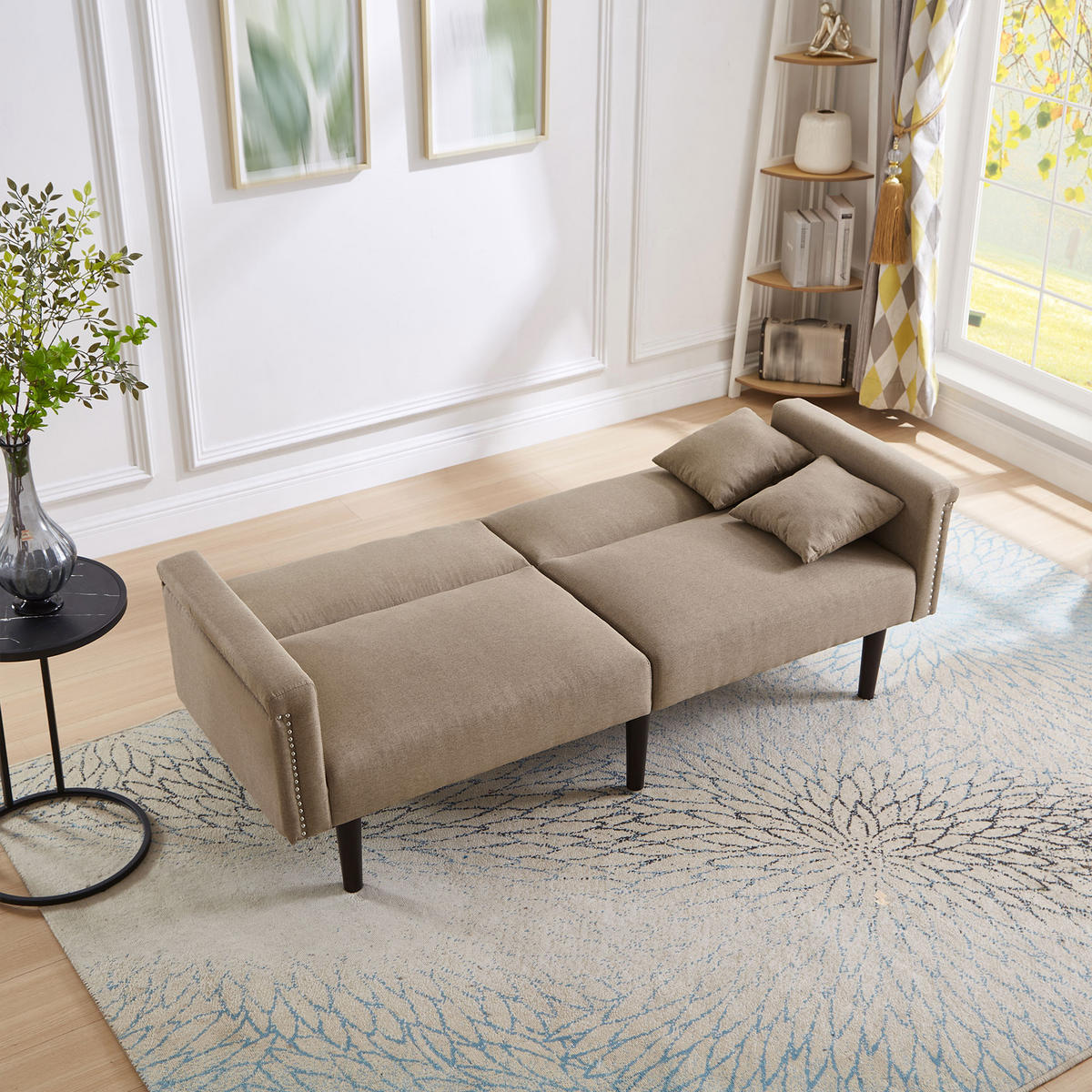 SOFA 2in1 Zweisitzer Liegefunktion Unabhängig Verstellbar Baumwoll-Leinen - Braun, Holz (92.71/19.05/80cm) - FLIEKS