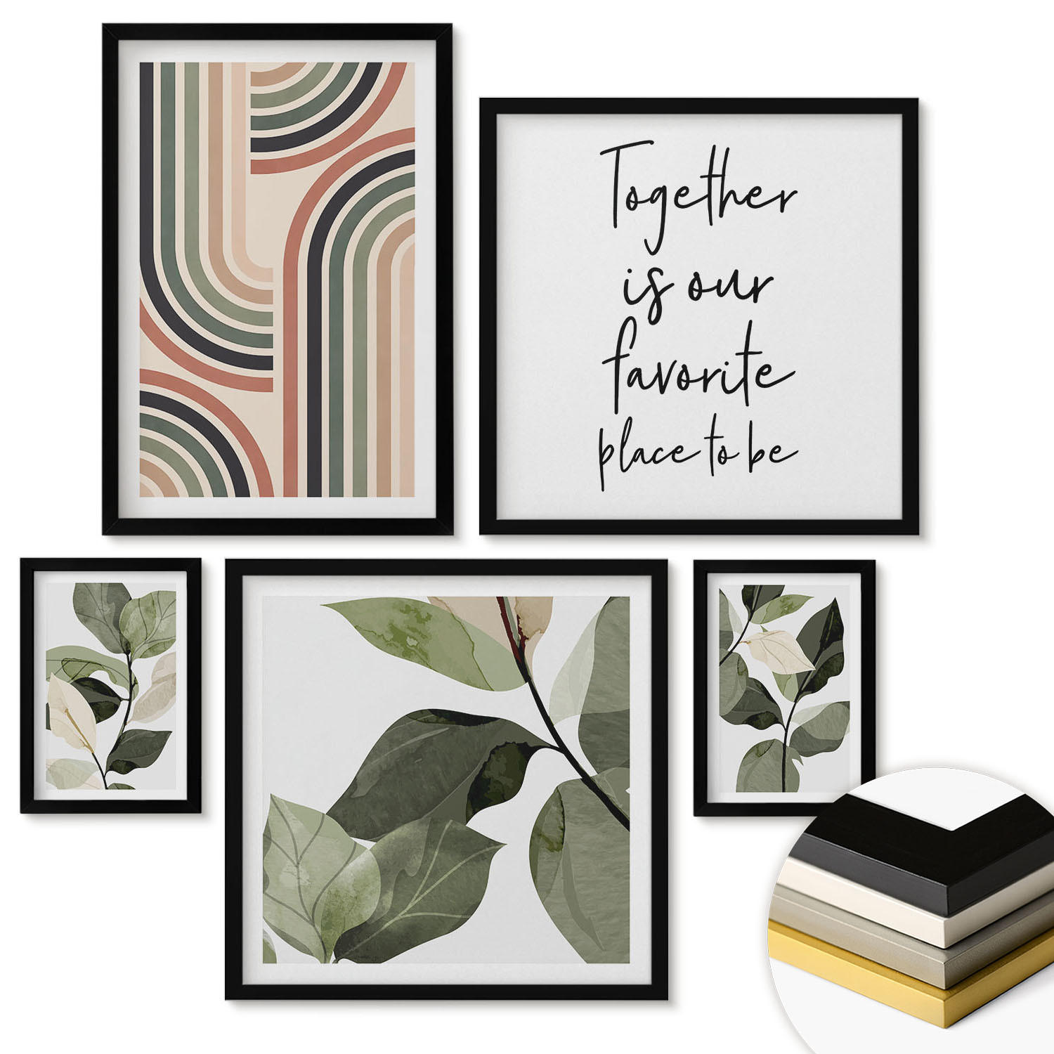 WANDBILDER 5er-Set - 50x50 cm & 20x30 cm & 40x60 cm Schwarzer Rahmen - Geometrische Pflanzenmotive - Schwarz, Kunststoff (40/60cm) - ArtPrintCave