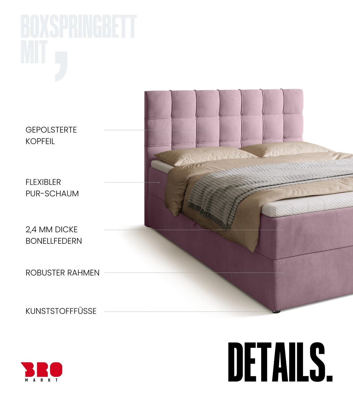 BOXBETT Detroit mit Topper 140/200 Rosa - Rosa, Holzwerkstoff/Textil (140/200cm) - Bromarkt