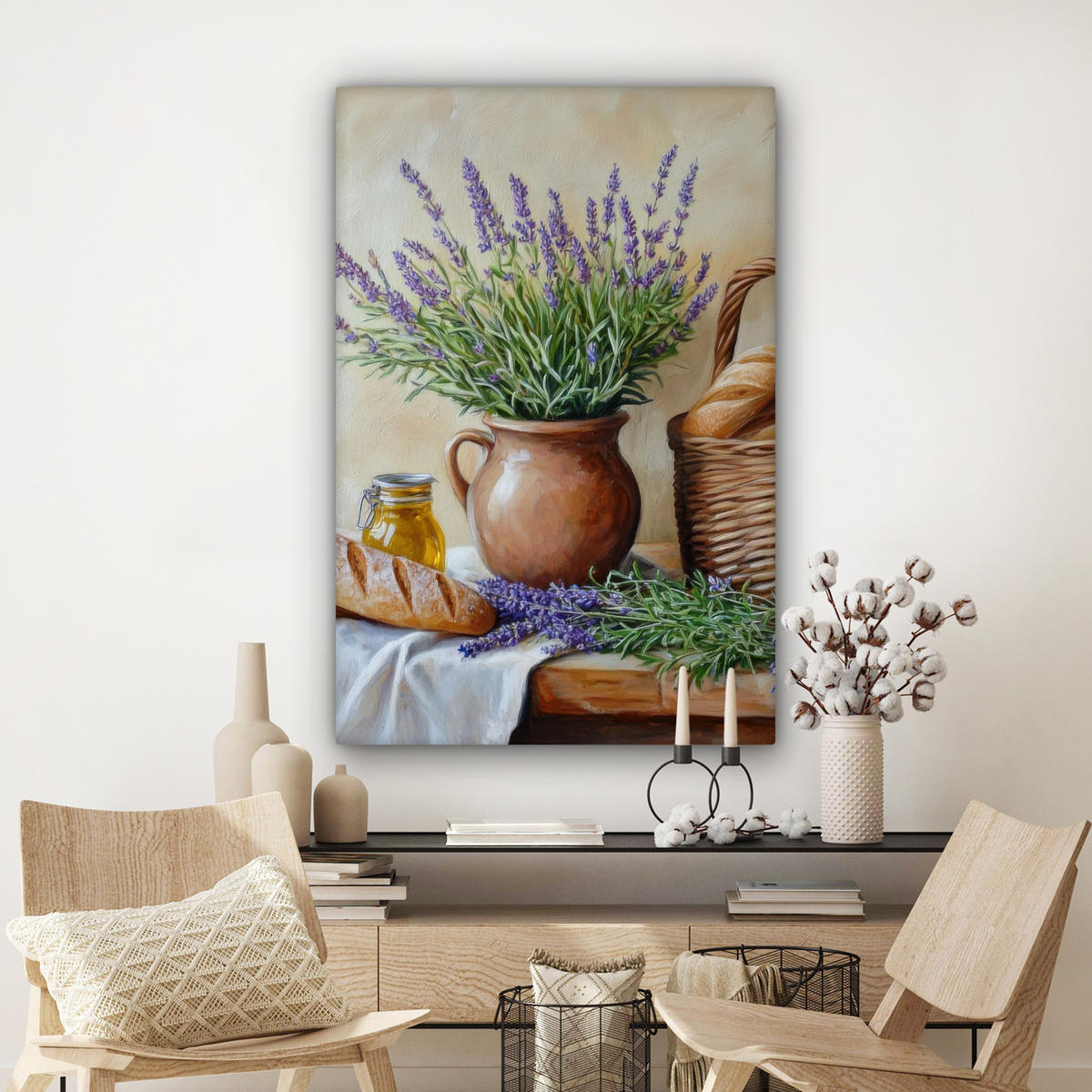 LEINWANDBILD Lavendel - Brot - Stilleben Deko XXL 80x120 cm - Flieder, Textil (80/120cm) - MuchoWow