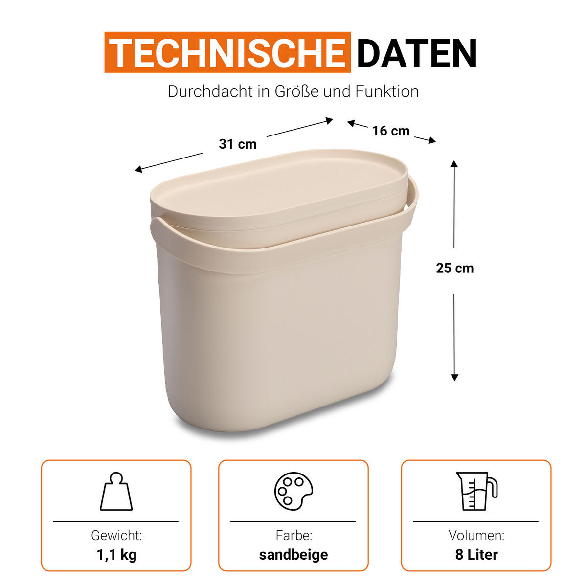 BIOMÜLLEIMER 8 L, sandbeige - Beige, Kunststoff (16/25/31cm) - GARANTIA