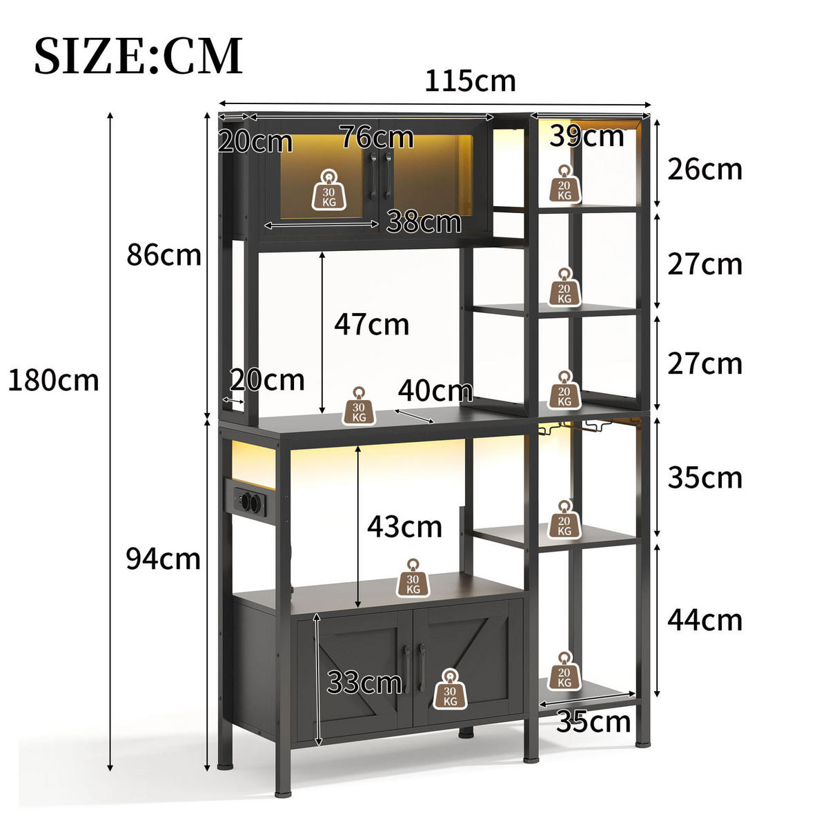 BUFFET aus MDF und Stahl 40x115x180 cm Schwarz mit LED-Leiste, Steckdosenmodul und viel Stauraum - Schwarz, Holzwerkstoff (115/180/40cm) - Modfu