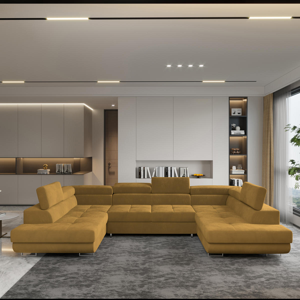 ROHOVÁ SEDAČKA RAGGIO žlutá - stříbrná/žlutá, kov/dřevo (336/202cm) - MASSENO