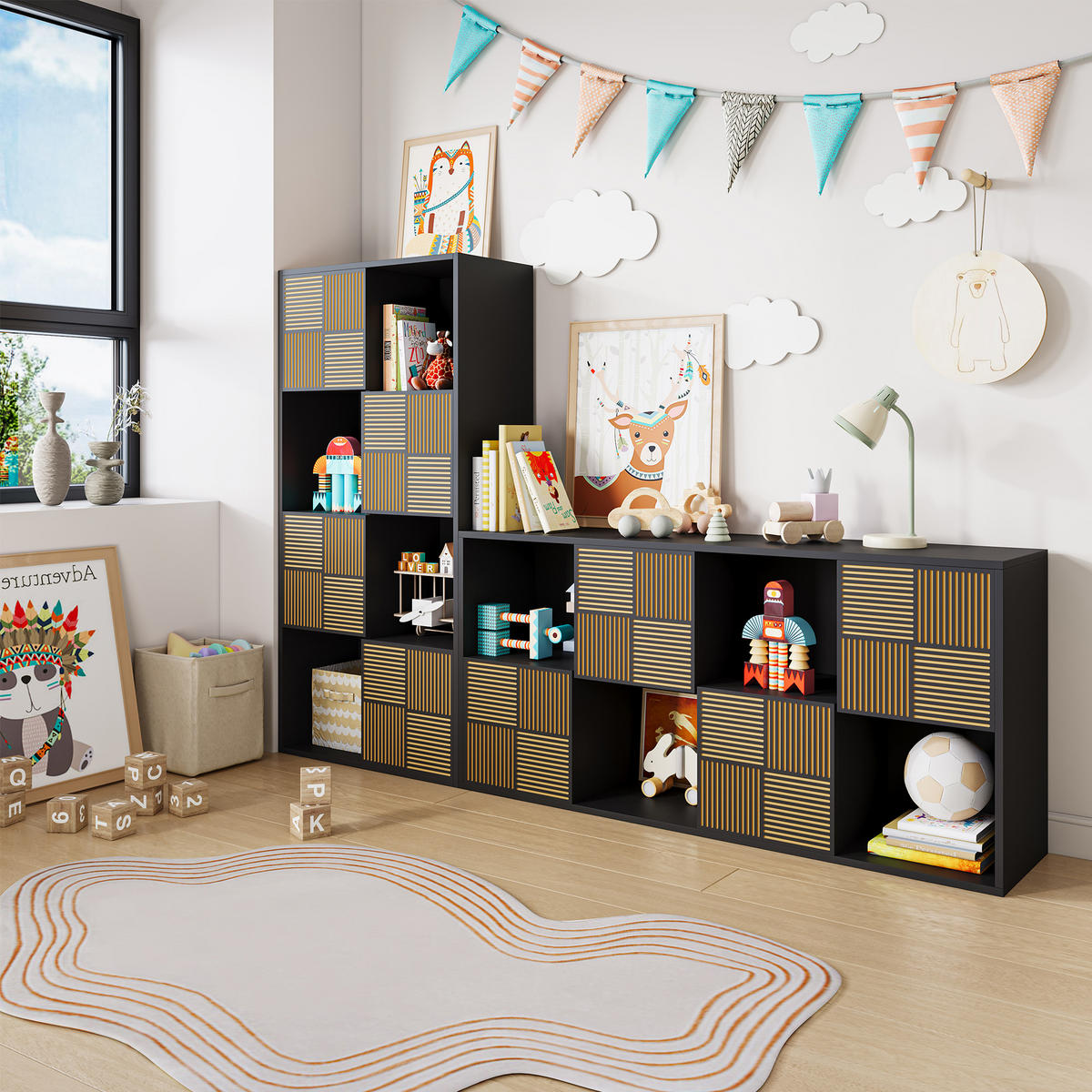 BÜCHERREGAL 125x30x60 cm Holz Lamellen Design Sideboard Aufbewahrung, Schwarz - Schwarz, Holz (60/125/30cm)