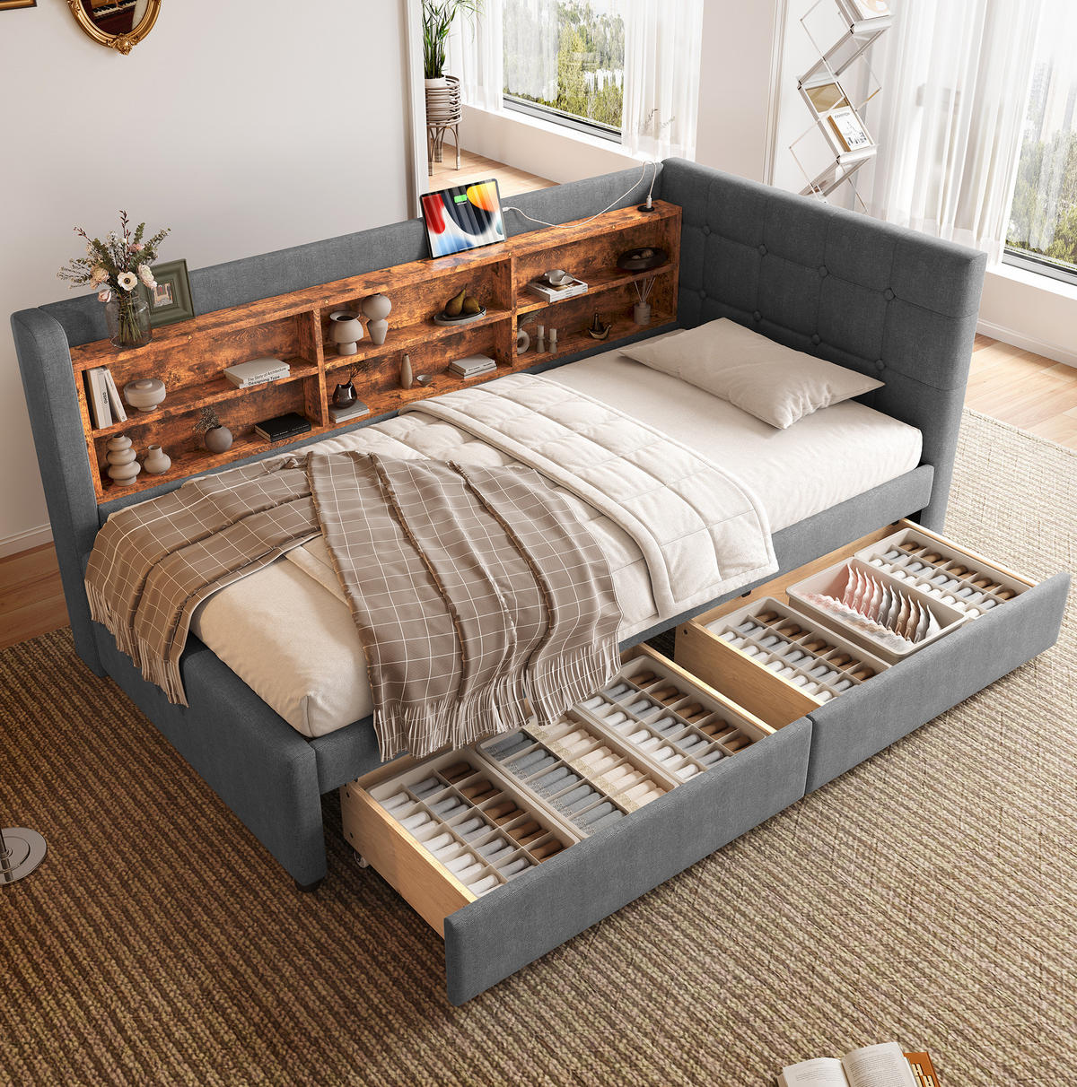 POLSTERBETT 90/200 cm Grau mit 2 Schubladen und USB- und Type-C-Anschlüssen - Grau, Textil (90/200cm) - Flora Grace