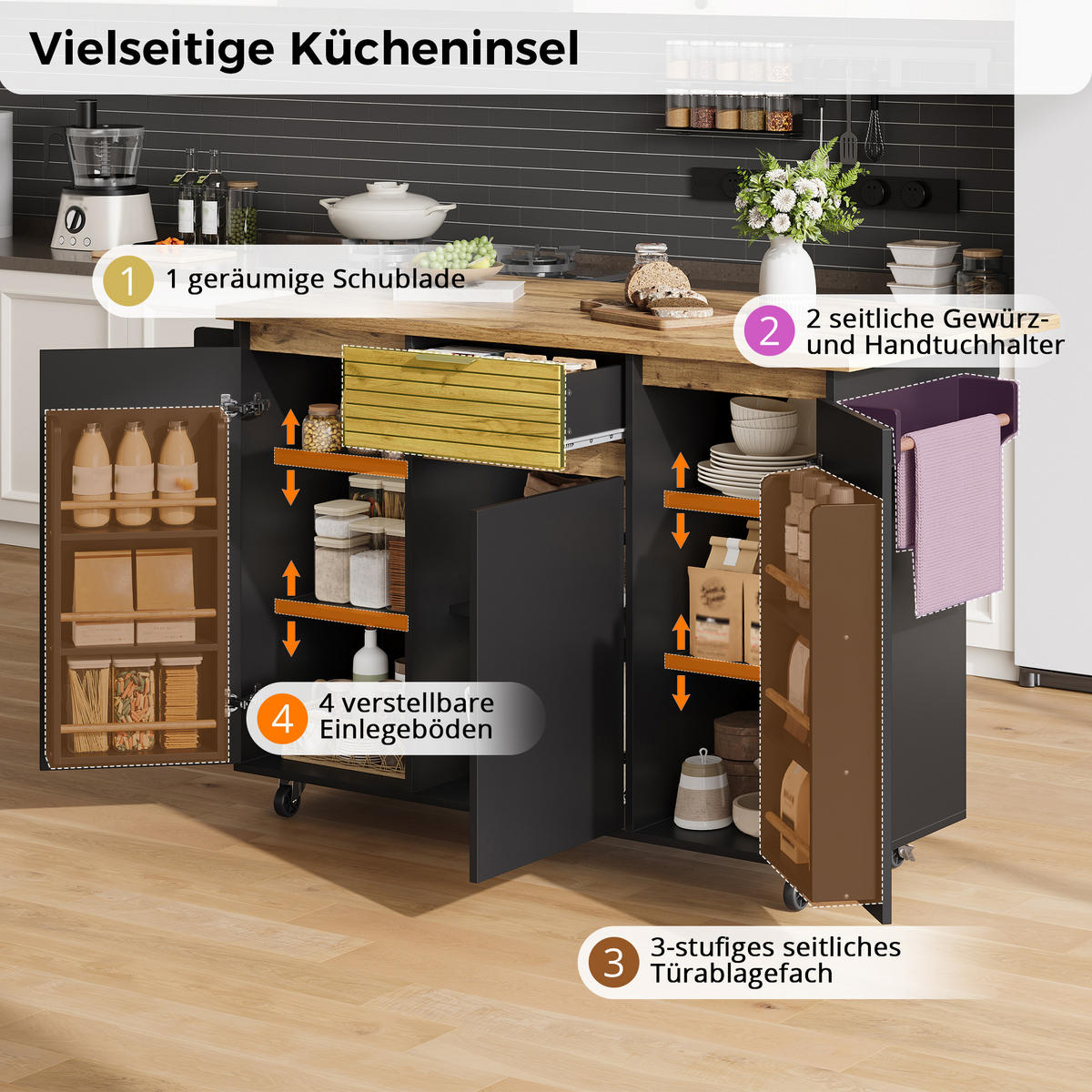 KÜCHENINSEL auf Rollen 120/45/90 cm Schwarz mit klappbarer Arbeitsplatte, 1 Schublade und 3-stufigem Türregal - Silberfarben/Schwarz, Holz/Holzwerkstoff (70/90/120cm) - Oxeza