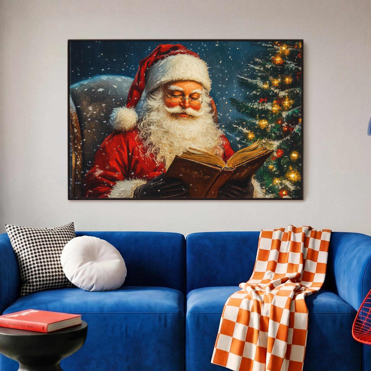 LEINWAND Bilder mit Rahmen - Weihnachtsmann - Weihnachten - Winter - Weihnachtsbaum - 90x60 - Bordeaux, Textil (90/60cm) - MuchoWow