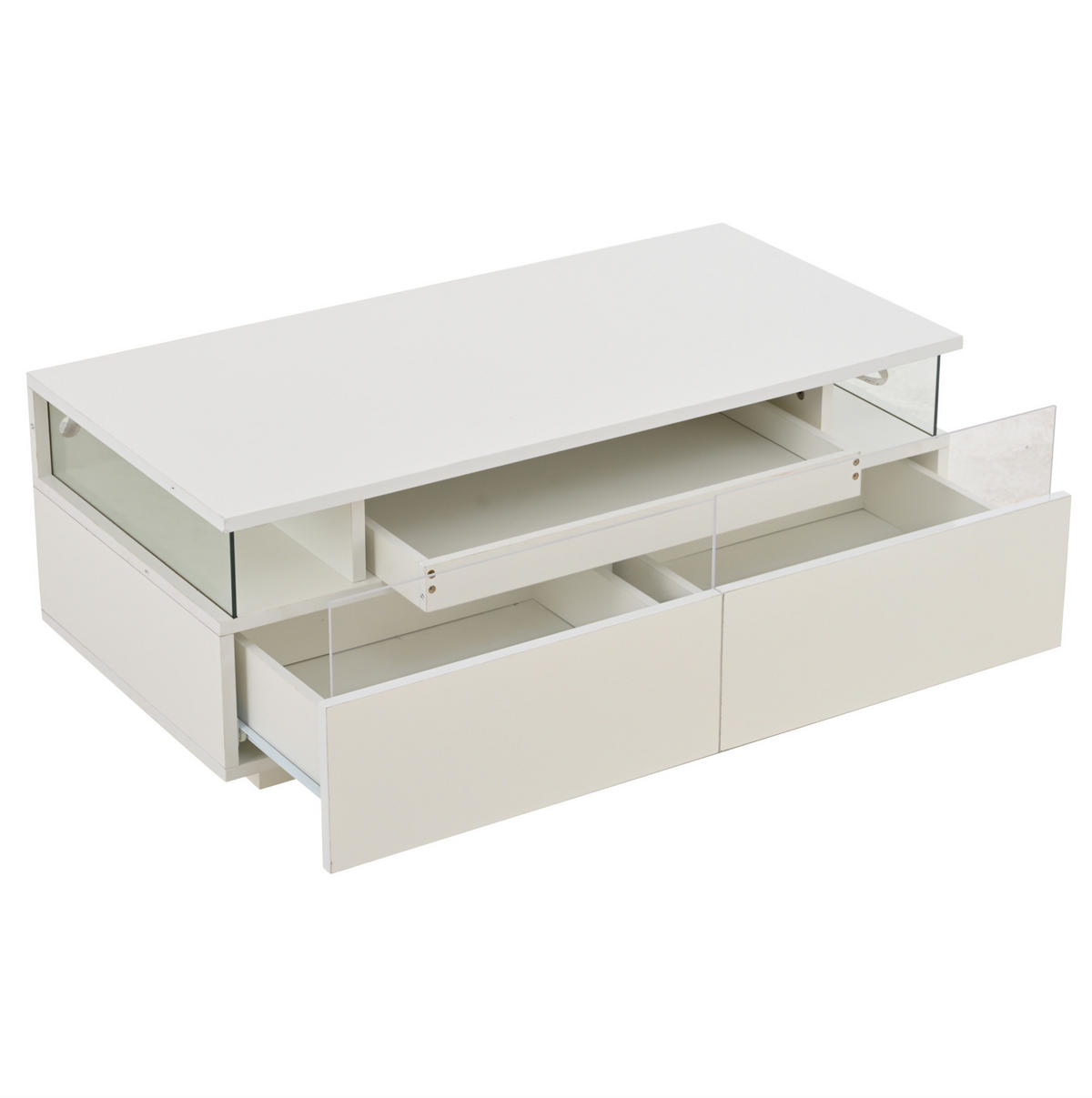COUCHTISCH 90/45/35,5 cm mit LED-Beleuchtung, herausnehmbarem Tablett und 2 Schubladen, Hochglanz mit Hartglas, Weiß - Weiß, Holzwerkstoff (90/45/35.5cm) - Redom