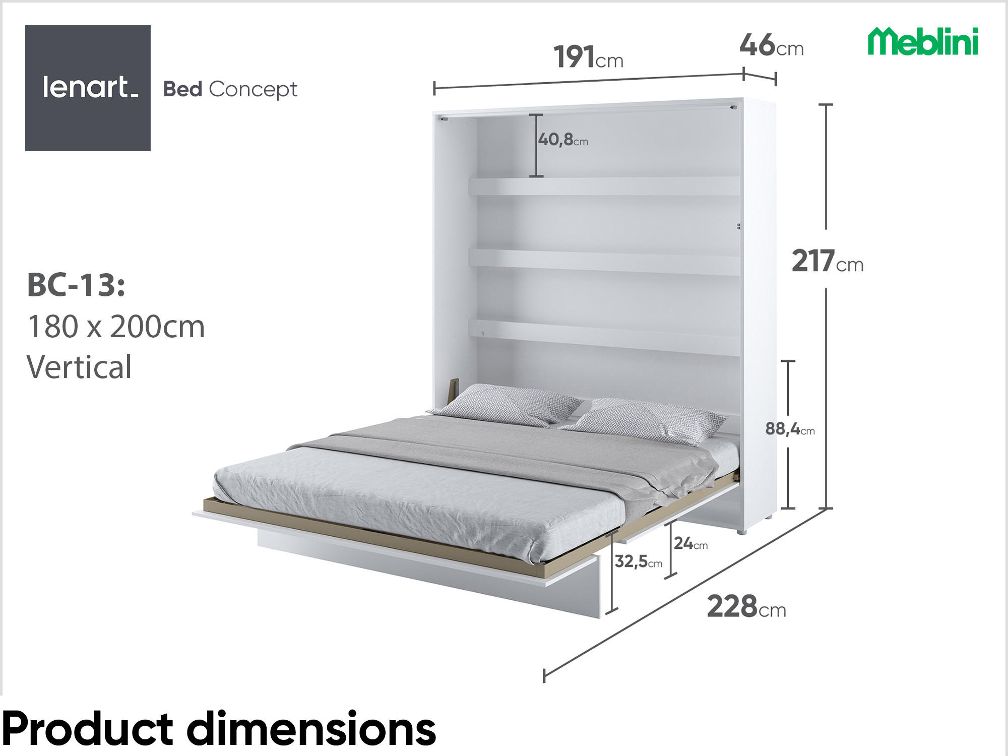 SCHRANKBETT BC-13 - 180x200cm Vertikal - Weiß Mat - Weiß, Holzwerkstoff (180/200cm) - Meblini