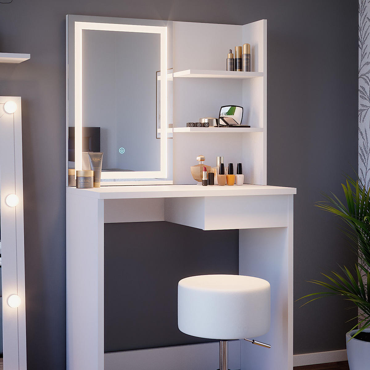 SCHMINKTISCH Dekos Weiß 75 cm mit LED-Spiegel und Hocker - Weiß, Holzwerkstoff (75/141/40cm) - Vicco