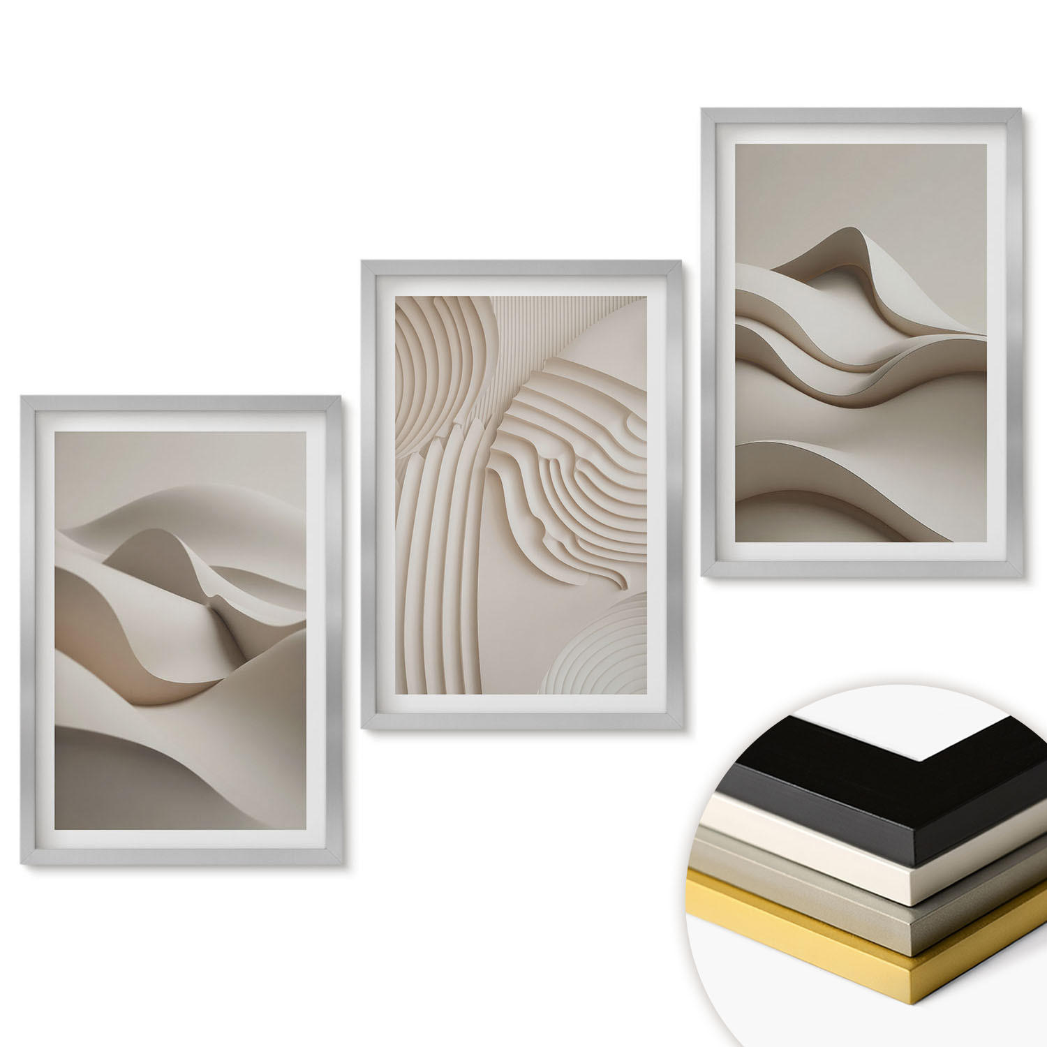 WANDBILDER 3er Set - 40x60 cm Silberner Rahmen - Abstrakte beige Wellen - Silberfarben, Kunststoff (40/60cm) - ArtPrintCave