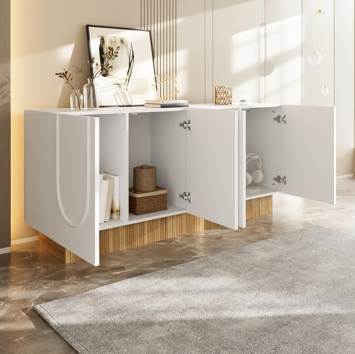 KOMMODE 160/38/75 cm mit 4 Türen – matt in Weiß und Holzoptik - Weiß, Holzwerkstoff (160/75/38cm) - BEAOK