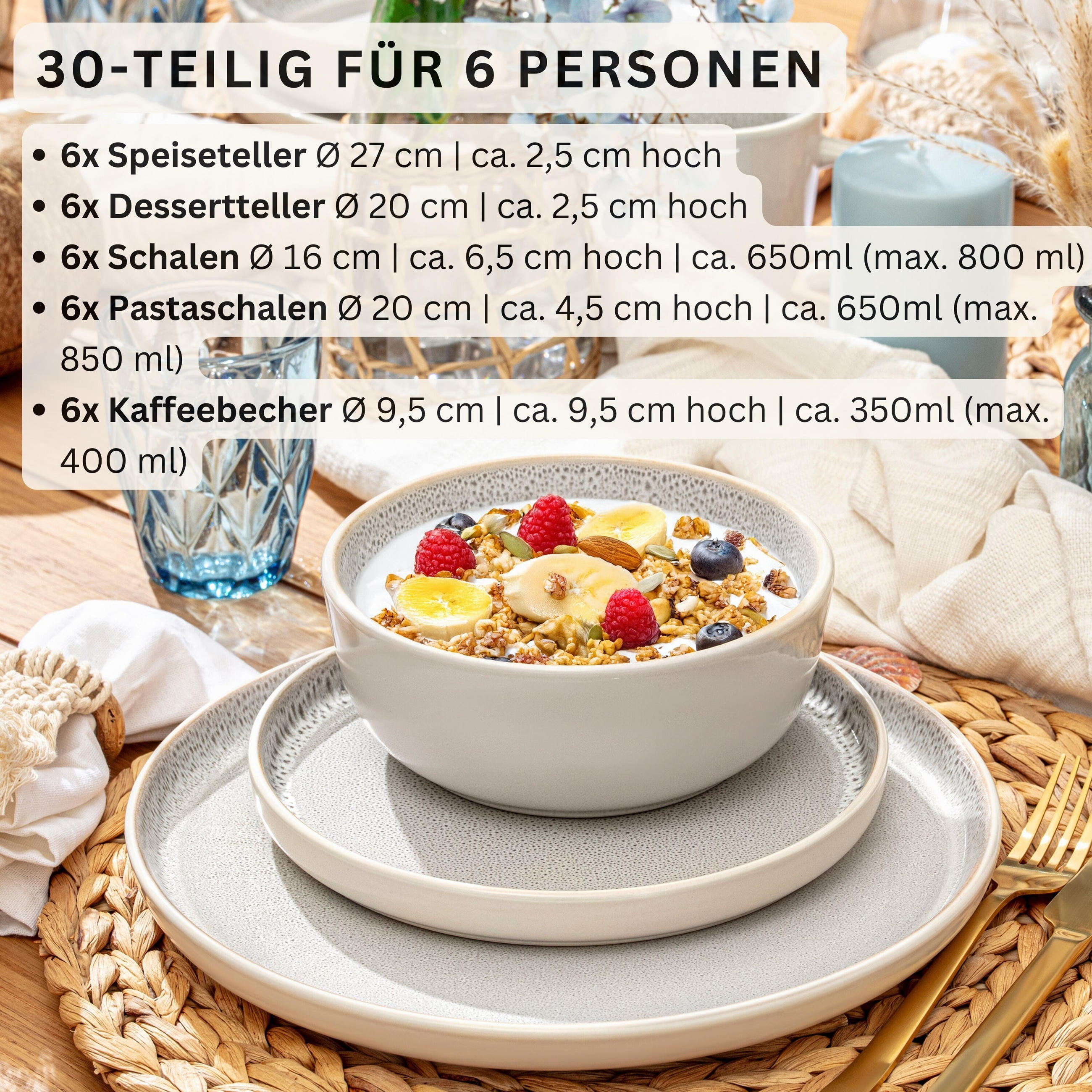 KOMBISERVICE KRETA - 30 teilig aus Steingut - Creme, Stein (27/9.5/27cm) - Sänger
