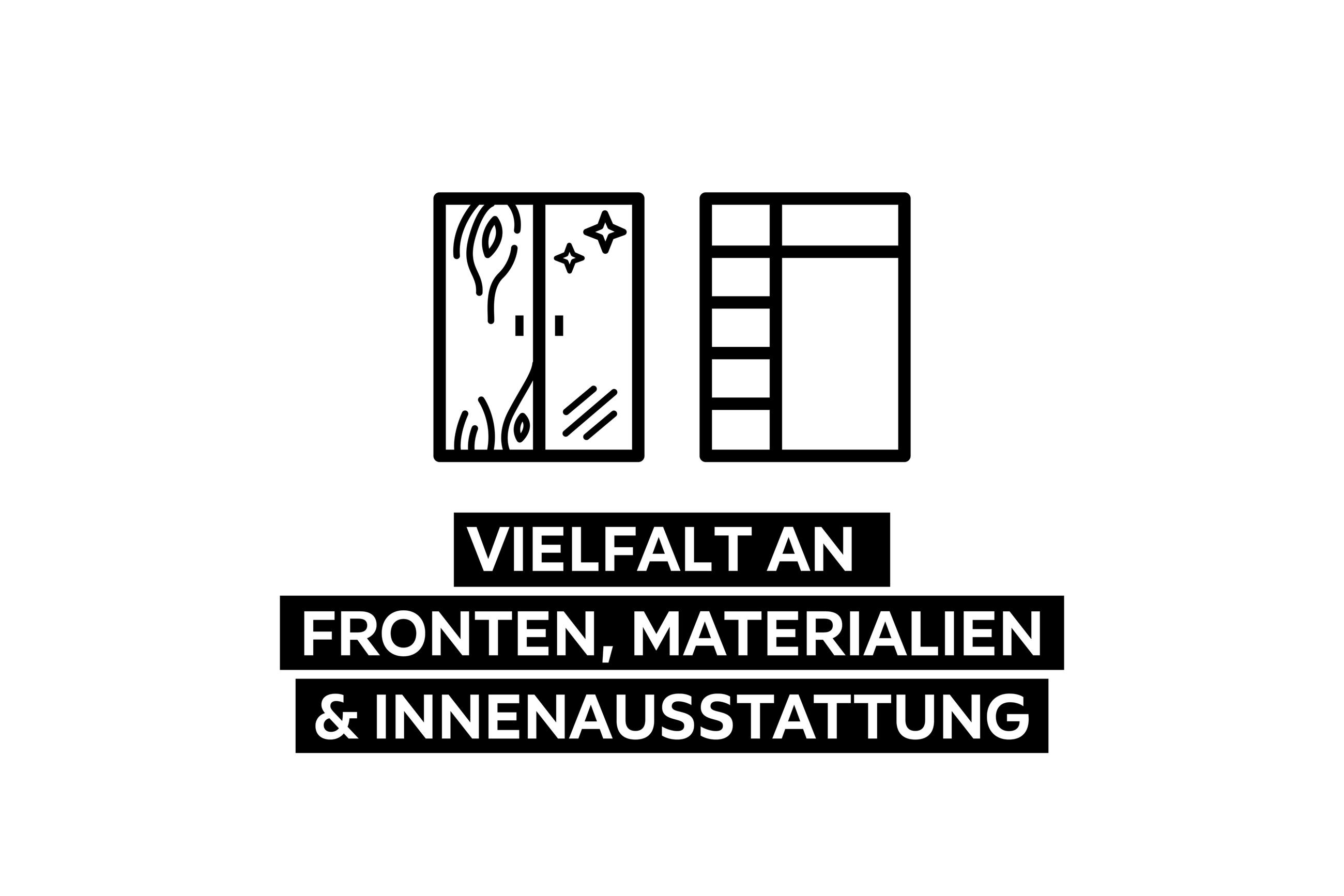 Weißer Text VIELFALT AN FRONTEN, MATERIALIEN & INNENAUSSTATTUNG auf schwarzem Hintergrund.
