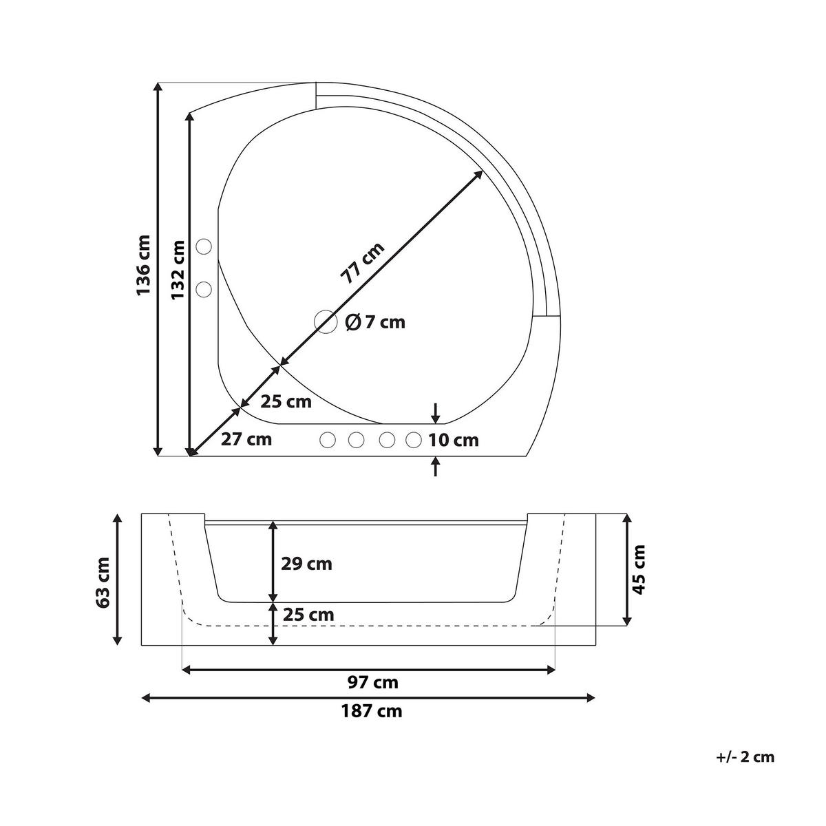 WHIRLPOOL BADEWANNE mit LED 136x187x63 cm weiß Mangle - Weiß, Kunststoff (136/63/187cm) - Beliani
