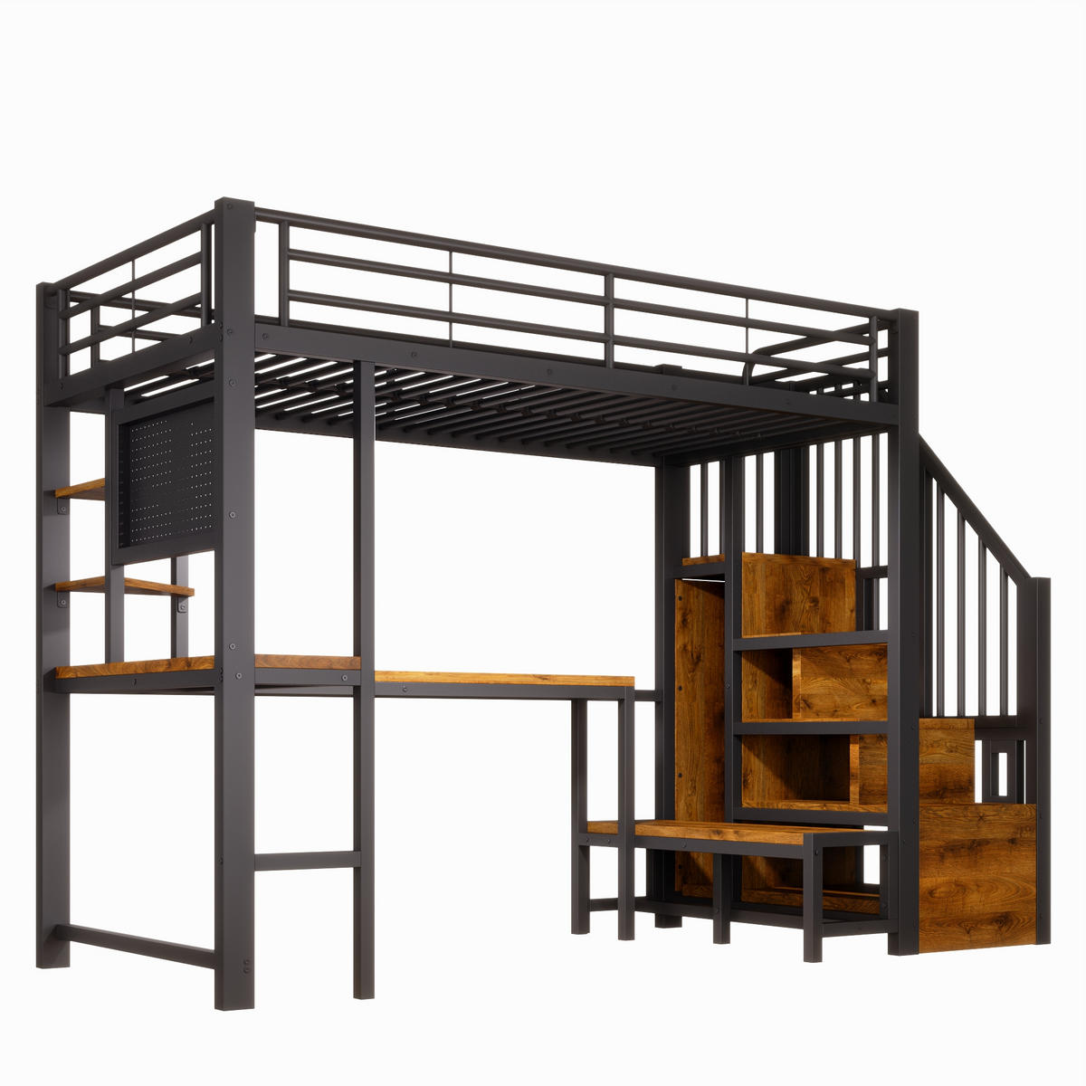 HOCHBETT 90/200 cm Schwarz mit Schreibtisch, trapezförmiger Schrank und LED-Beleuchtung - Schwarz, Metall (90/200cm) - Oxeza