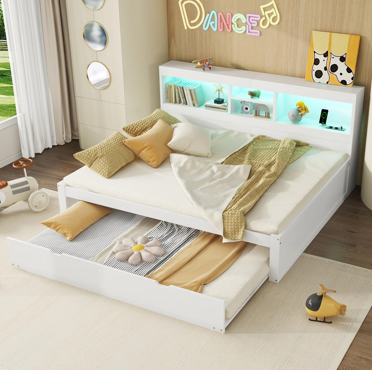 POLSTERBETT aus Spanplatte 140x200 cm in Weiß mit LED, USB, Steckdose & Ausziehbett - Weiß, Holzwerkstoff (140/200cm) - Modfu