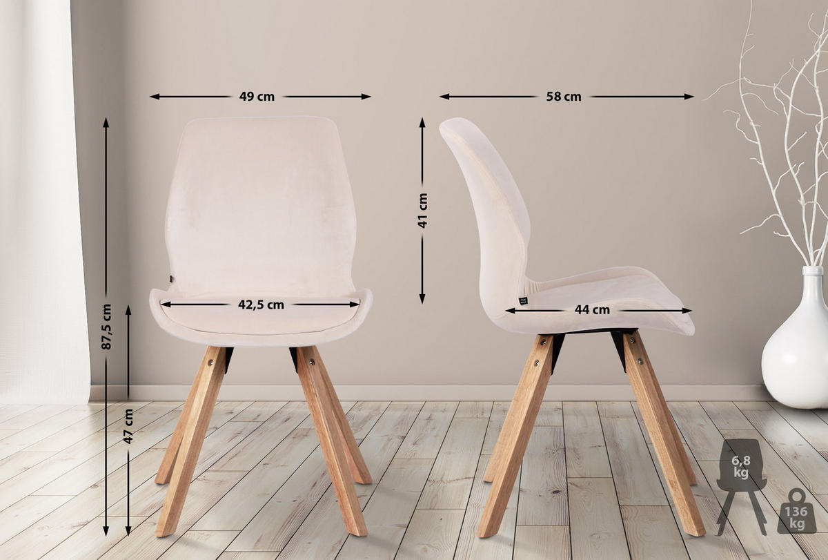 STUHL Samt creme - Eukalyptusholzfarben/Creme, Holz/Textil (49/87.5/58cm) - CLP