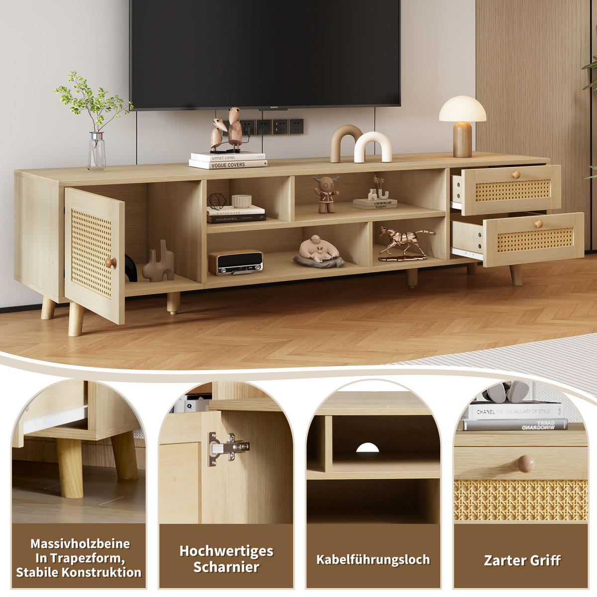 TV-LOWBOARD Rattan Eichefarben 160/39/40.5 cm - Eichefarben, Holz (160/40.5/39cm) - PANGIVO